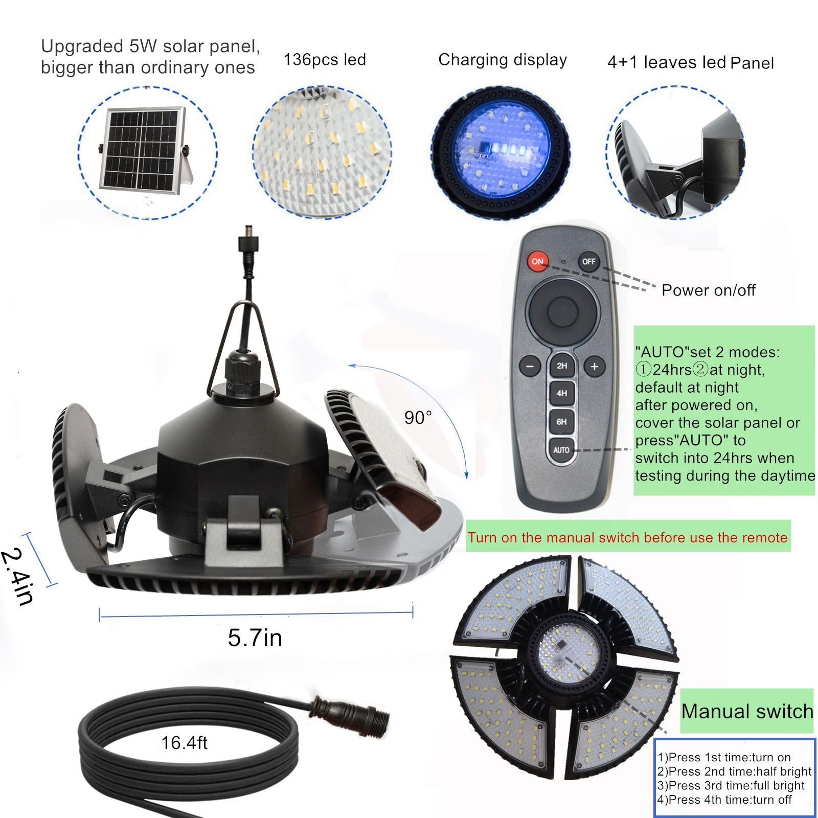 HULPPRE Solar Shed Light - 136 LEDs Bright Solar Powered Light for Indoor & Outdoor Use with Remote Control, IP65 Waterproof - Perfect for Barn, Chicken Coop, Workshop, Ceiling, Pendant Lamp - Ideal for Patio, Garden, Yard, Gazebo Lighting Day and Night