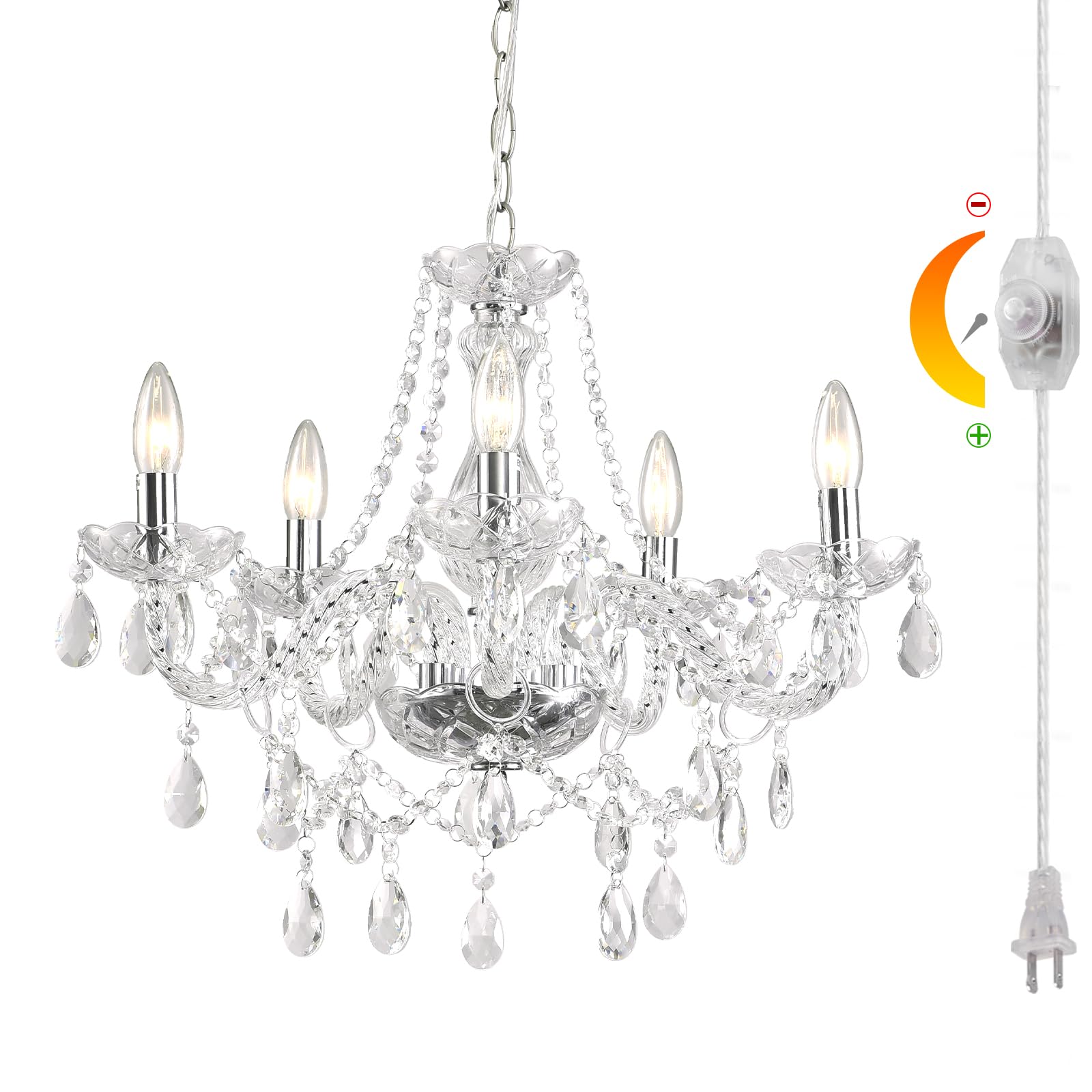 Dimmable 5-Light Crystal Chandelier with Plug-in Cord - Modern Chrome Candle Style Swag Pendant Light with K9 Glass Beads for Dining Room, Living Room, Bedroom | Elegant Ceiling Lighting Fixture for Home Decor, Wedding, Restaurant & Special Occasions