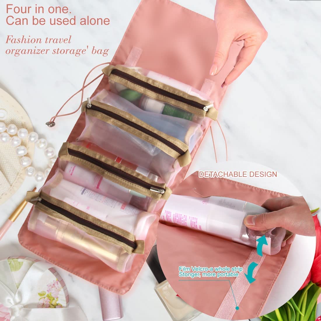 NOBILEA 4-in-1 Foldable Travel Toiletry Bag with Detachable Makeup Pouch - Waterproof Cosmetic Organizer for Women (Multi Color) - Perfect for Vacation, Gym & Business Trips