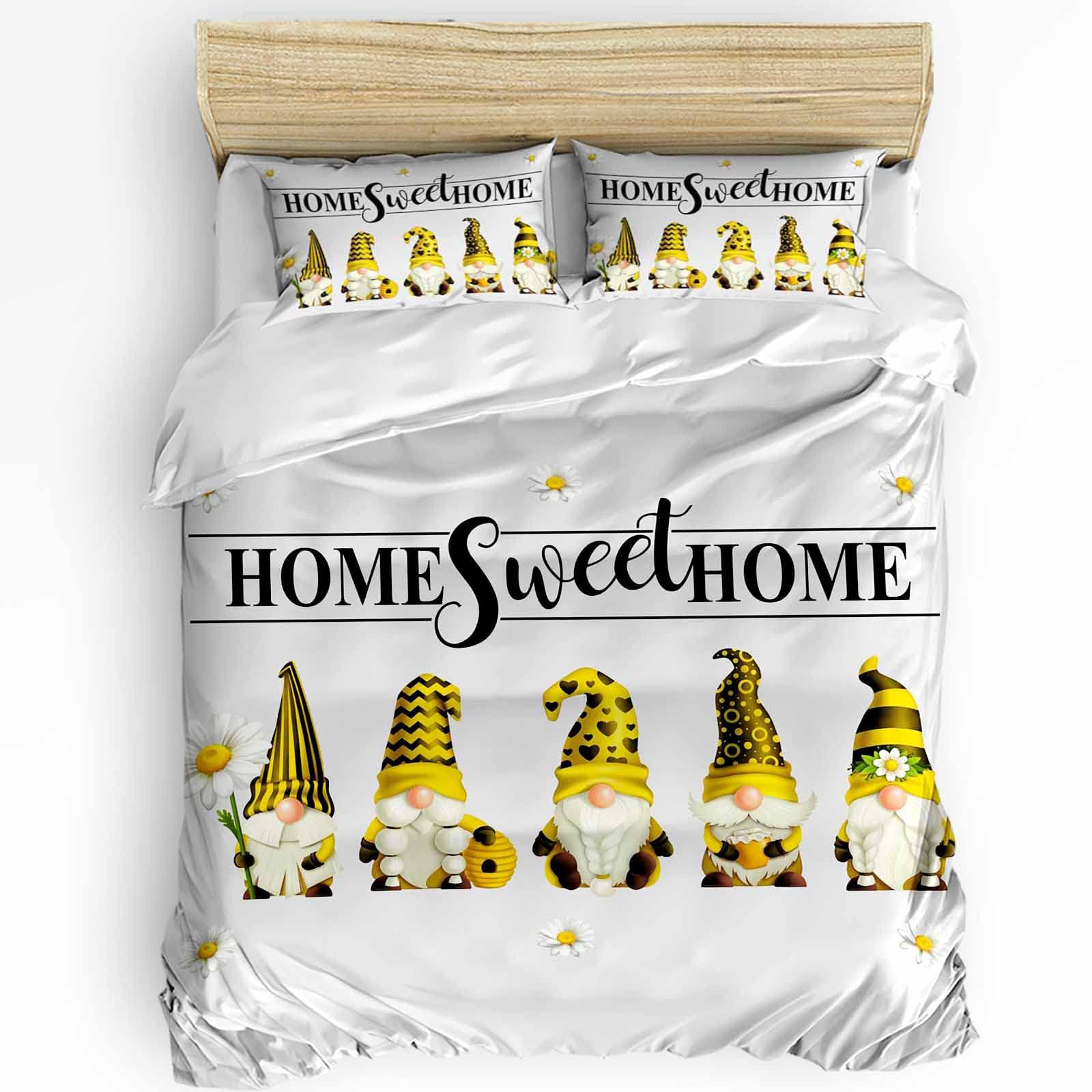 AmbeHome 3-Piece Queen Size Duvet Cover Set - Soft Microfiber Bee Gnomes Comforter with 2 Pillowcases | Farmhouse Summer Daisy Bedding for Cozy Bedroom Decor