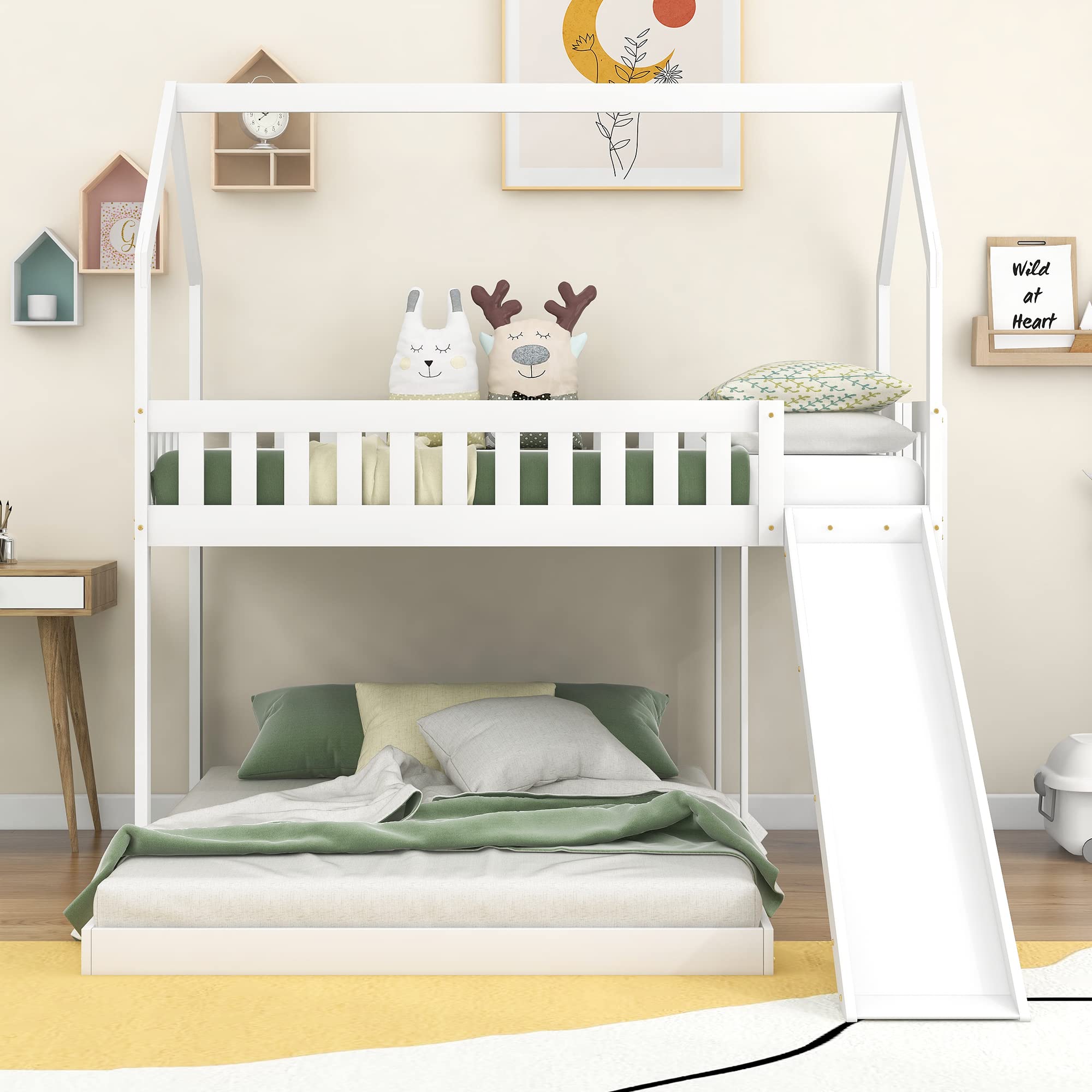 LZ LEISURE ZONE Twin Over Full Bunk Bed with Slide - Sturdy House Bunk Bed Frame with Built-in Ladder & Full-Length Guardrail - Perfect for Kids, Teens, Boys, Girls & Adults - White - Ideal for Small Bedrooms, Shared Kids Rooms & Space-Saving Sleep Solutions