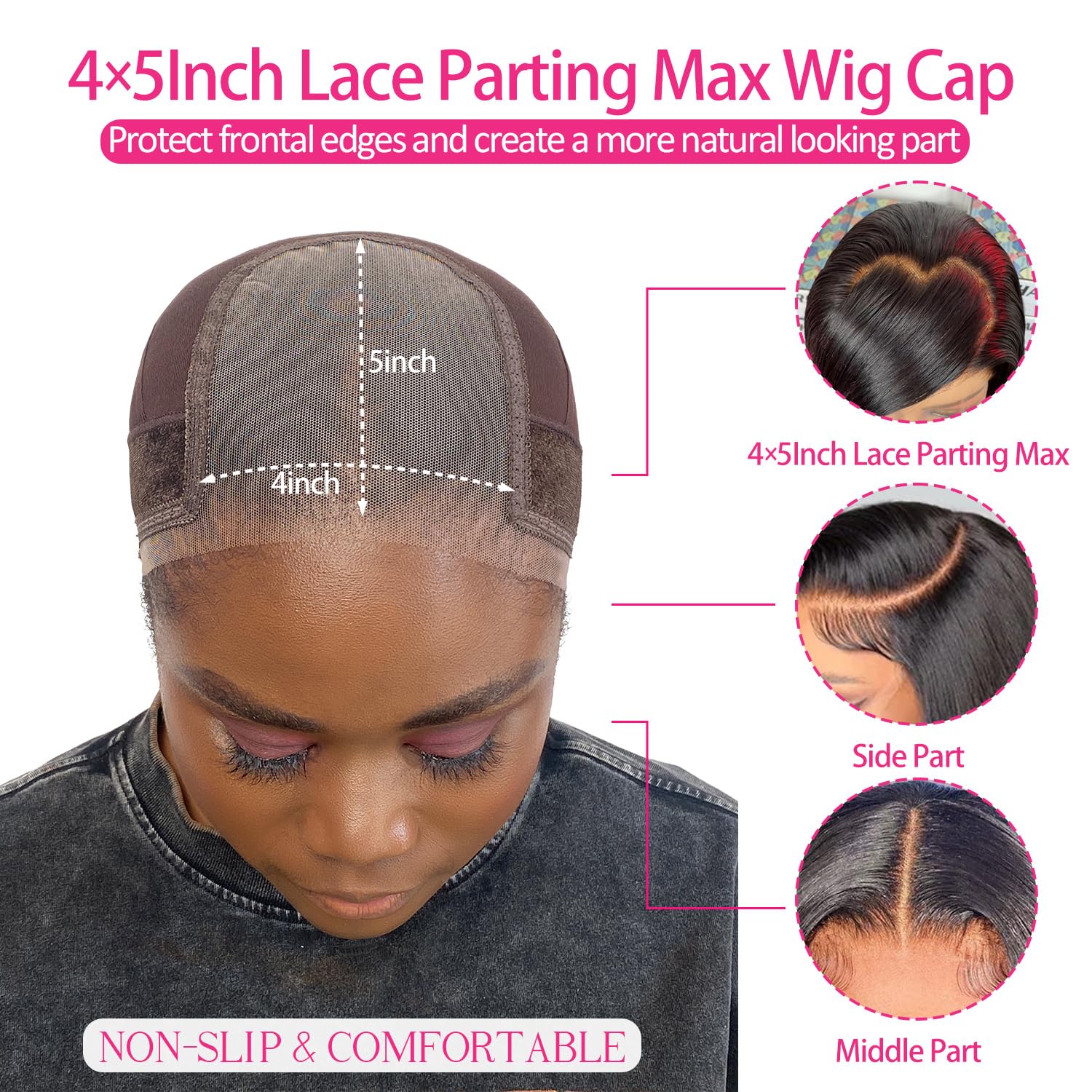 Labhairs 4x5 Lace Parting Wig Grip Cap for Women - Adjustable Non-Slip Wig Gripper with Velcro Headband for Glueless Wigs - Perfect for Daily Wear, Cosplay & Hair Loss Solutions (Brown, Large)