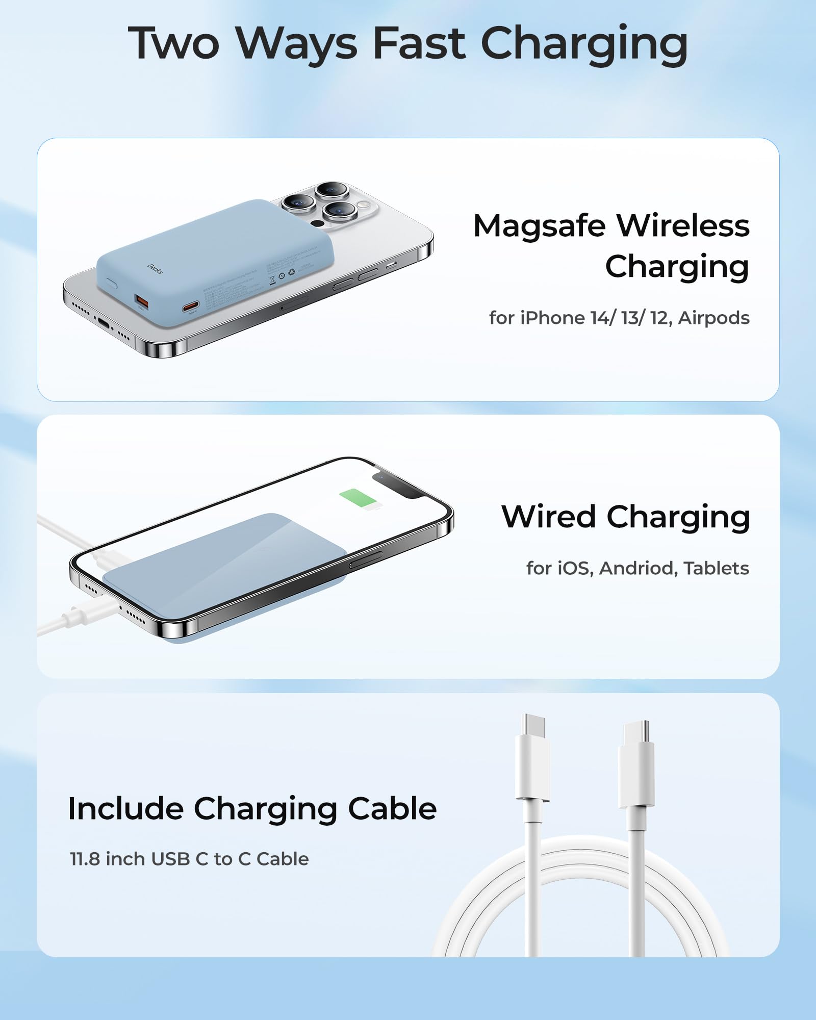 BENKS 10000mAh Magnetic Wireless Power Bank with 20W USB-C Ports | Portable Magsafe Charger for iPhone 15/14/13/12 Series | Fast Charging Battery Pack for Travel, Work & Outdoor Activities - Blue