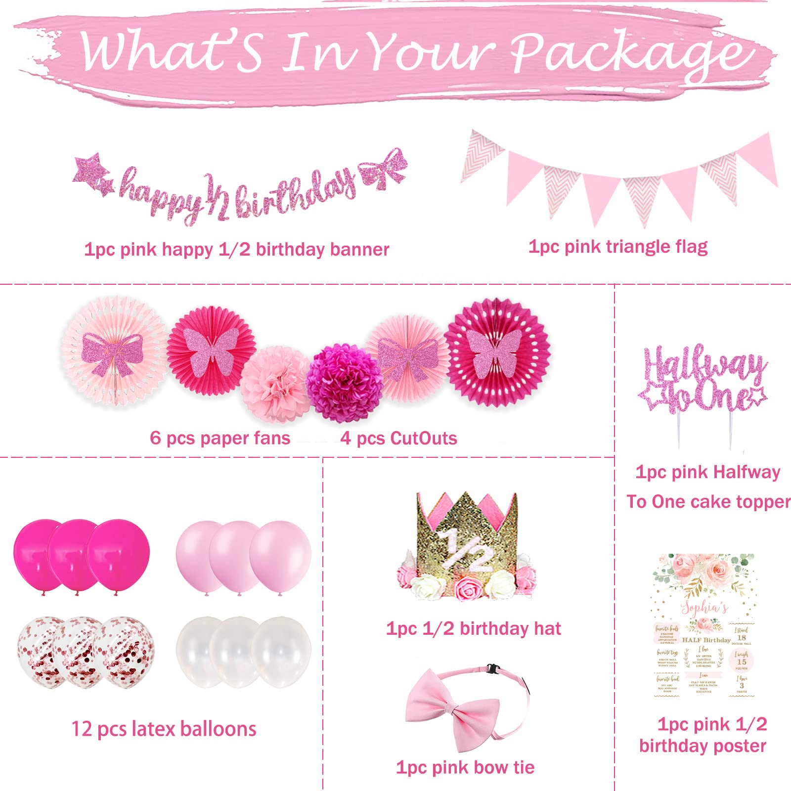 Pink Rose Gold Glitter Half Birthday Banner & Triangle Flag Decorations for Baby Girl - 6 Months & 12 Months Birthday Party Supplies, Includes Birthday Hat - Perfect for First Half Birthday Celebrations, Photo Backdrops & Milestone Parties