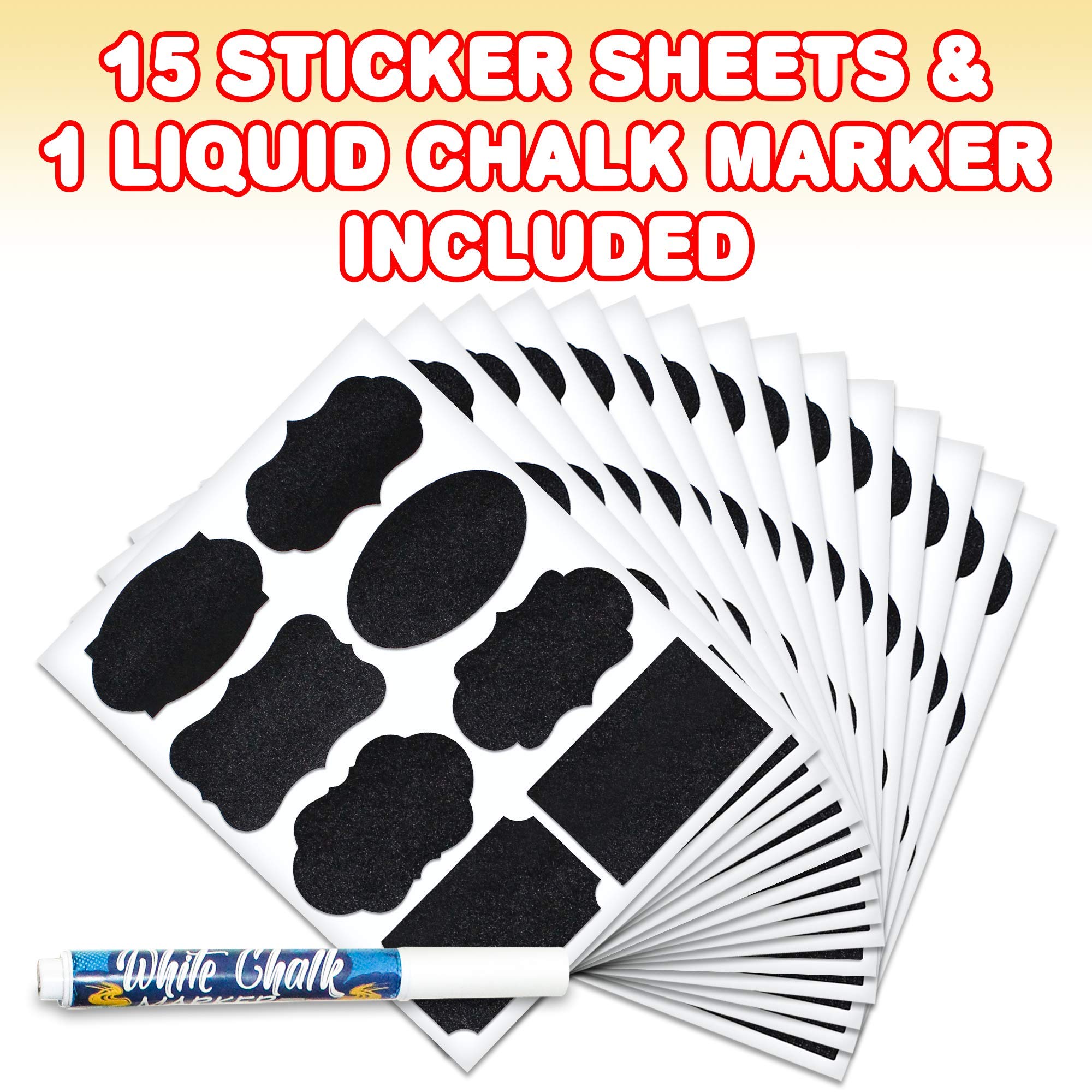 ArtCreativity 120-Pack Chalkboard Labels for Buckets & Jars - Includes Liquid Chalk Marker - Waterproof, Erasable & Reusable Stickers for Organizing Art Supplies, Pantry & Craft Rooms (Assorted Designs)