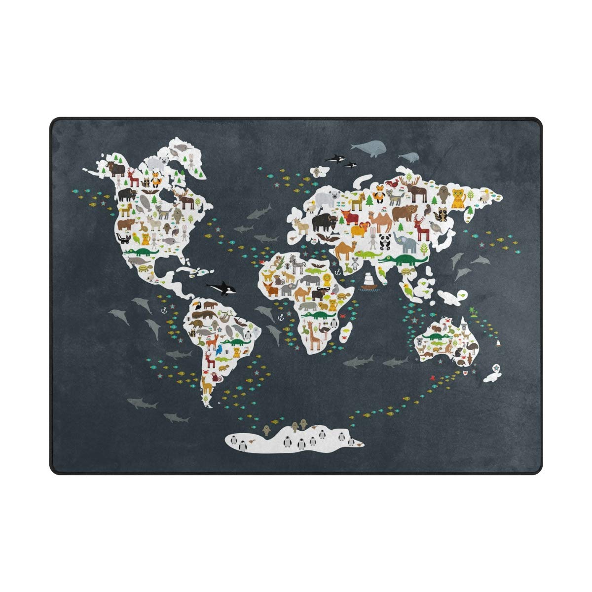 ALAZA Kids Cartoon Animal World Map Non-Slip Area Rug - Soft Play Mat for Nursery, Bedroom & Living Room Floor Decor - Perfect for Playrooms, Daycares and Children's Bedrooms