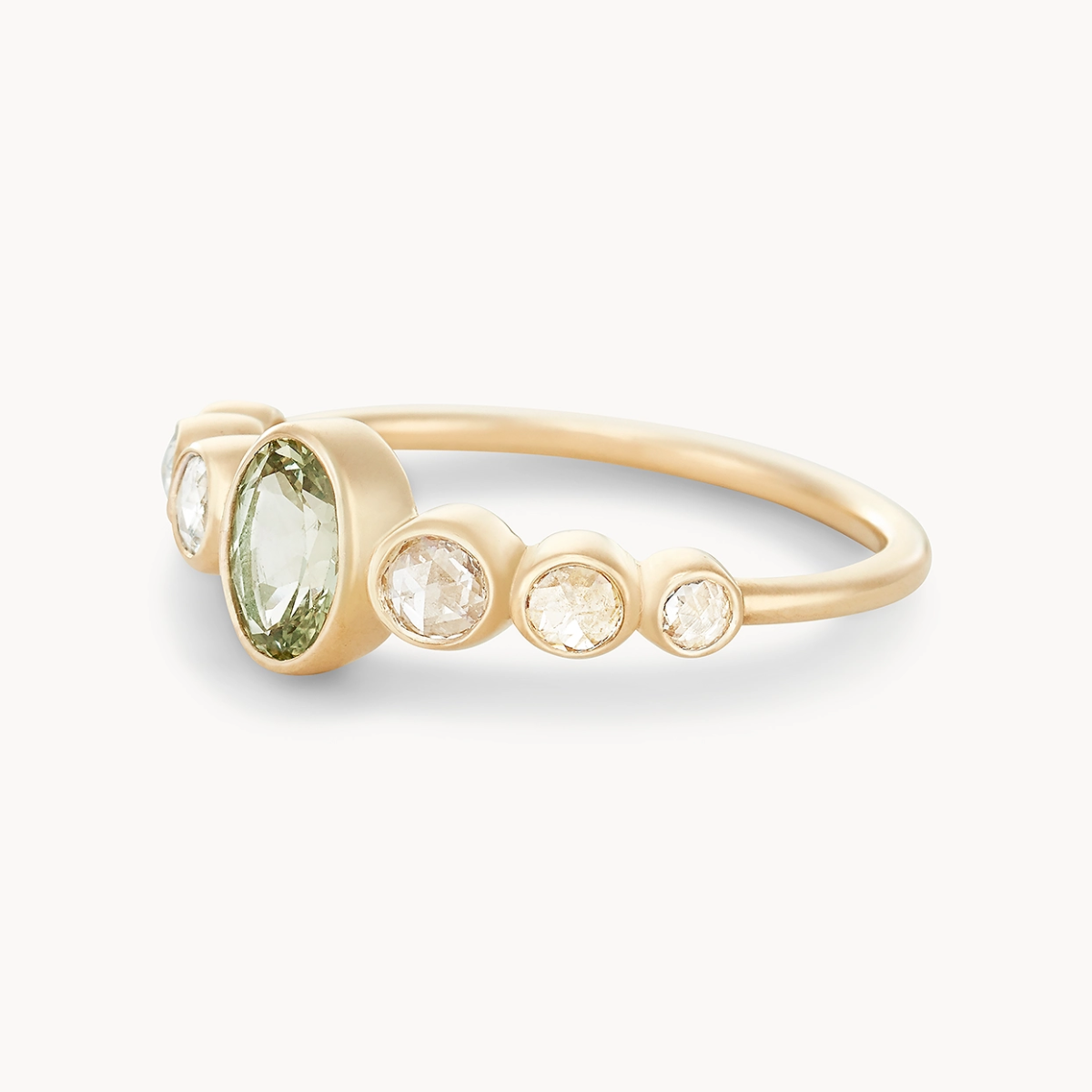 Unique 14K Yellow Gold Green Oval Sapphire Rose Cut Diamond Ring – Enduring Devotion One-of-a-Kind Jewelry for Engagement, Anniversary & Special Occasions