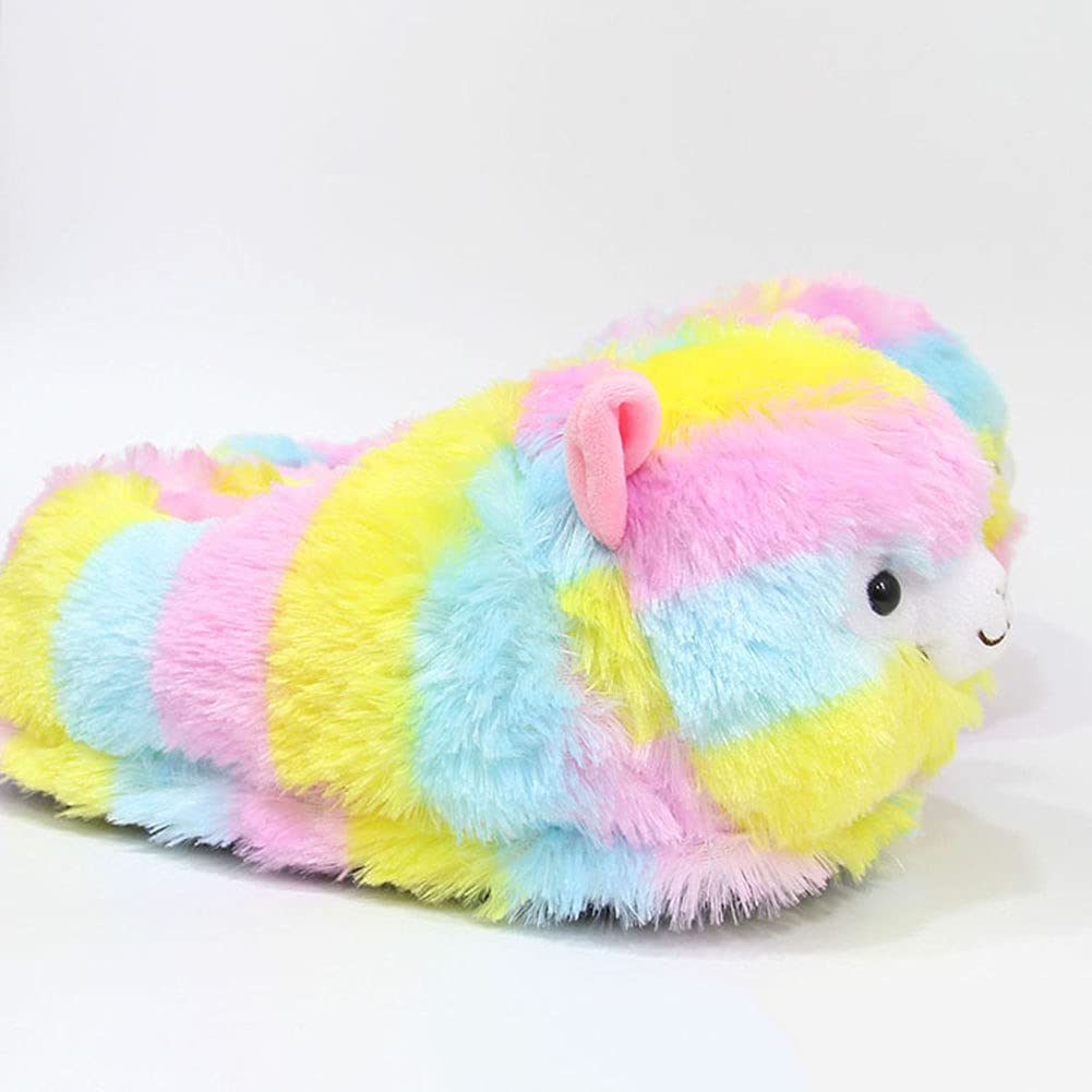 Warm Fuzzy Alpaca Slippers for Women - Soft Plush Animal House Shoes with Heel Cover in Rainbow Colors | Cozy Indoor Footwear for Winter, Lounge Wear & Gift Ideas