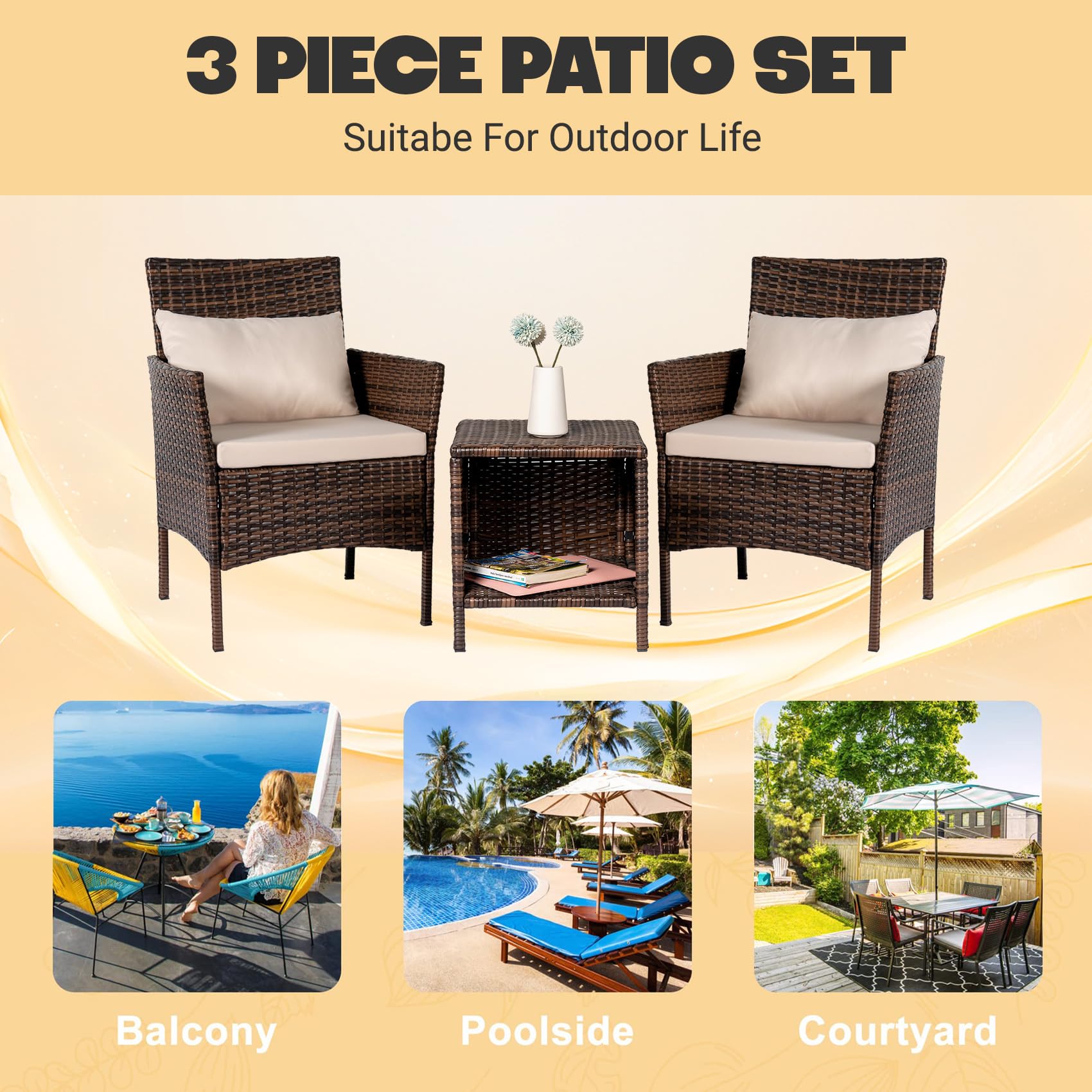 3-Piece Patio Conversation Bistro Set - Outdoor Wicker Chairs & Storable Table - Brown/Beige Balcony Furniture for Porch, Yard, Backyard & Apartment - Perfect for Relaxing, Entertaining & Small Space Living