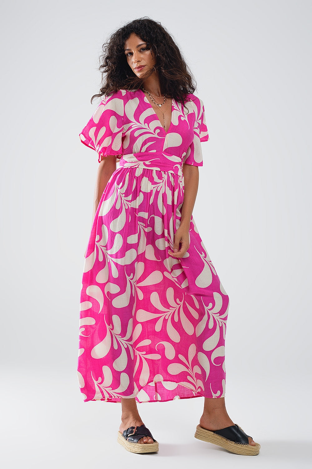 Fuchsia Floral Print Long Robe with Open Back - Elegant Loungewear for Women, Perfect for Spa Days, Bridal Parties, and Relaxing at Home