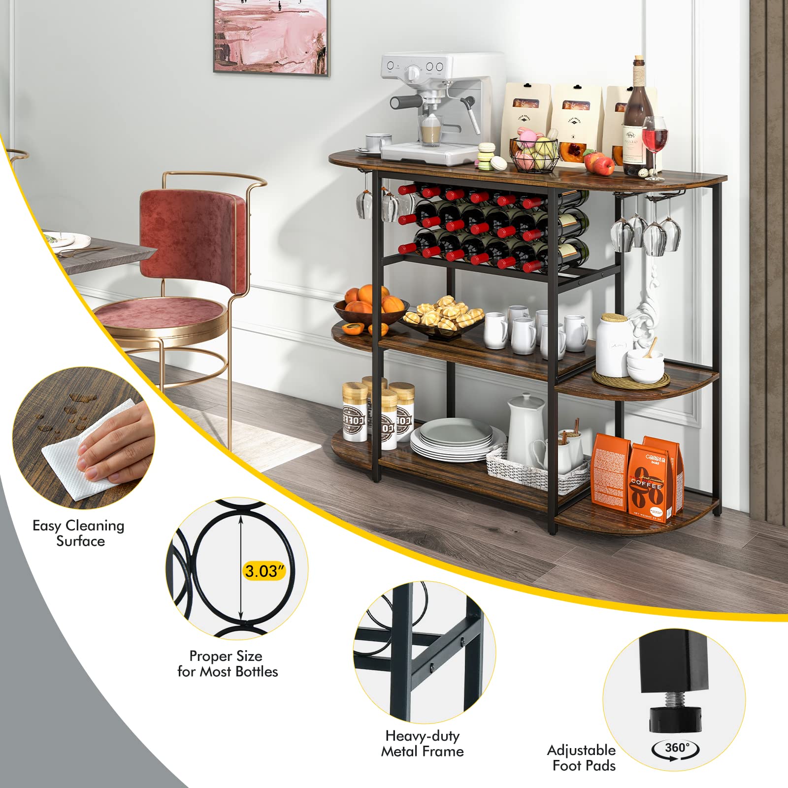 LOKO 47-Inch Industrial Wine Bar Cabinet with Wine Rack & Glass Holders - Freestanding Floor Bar Storage for Liquor, Wine Bottles and Glasses - Rustic Brown Finish for Home Kitchen, Dining Room, Bar or Entertainment Area