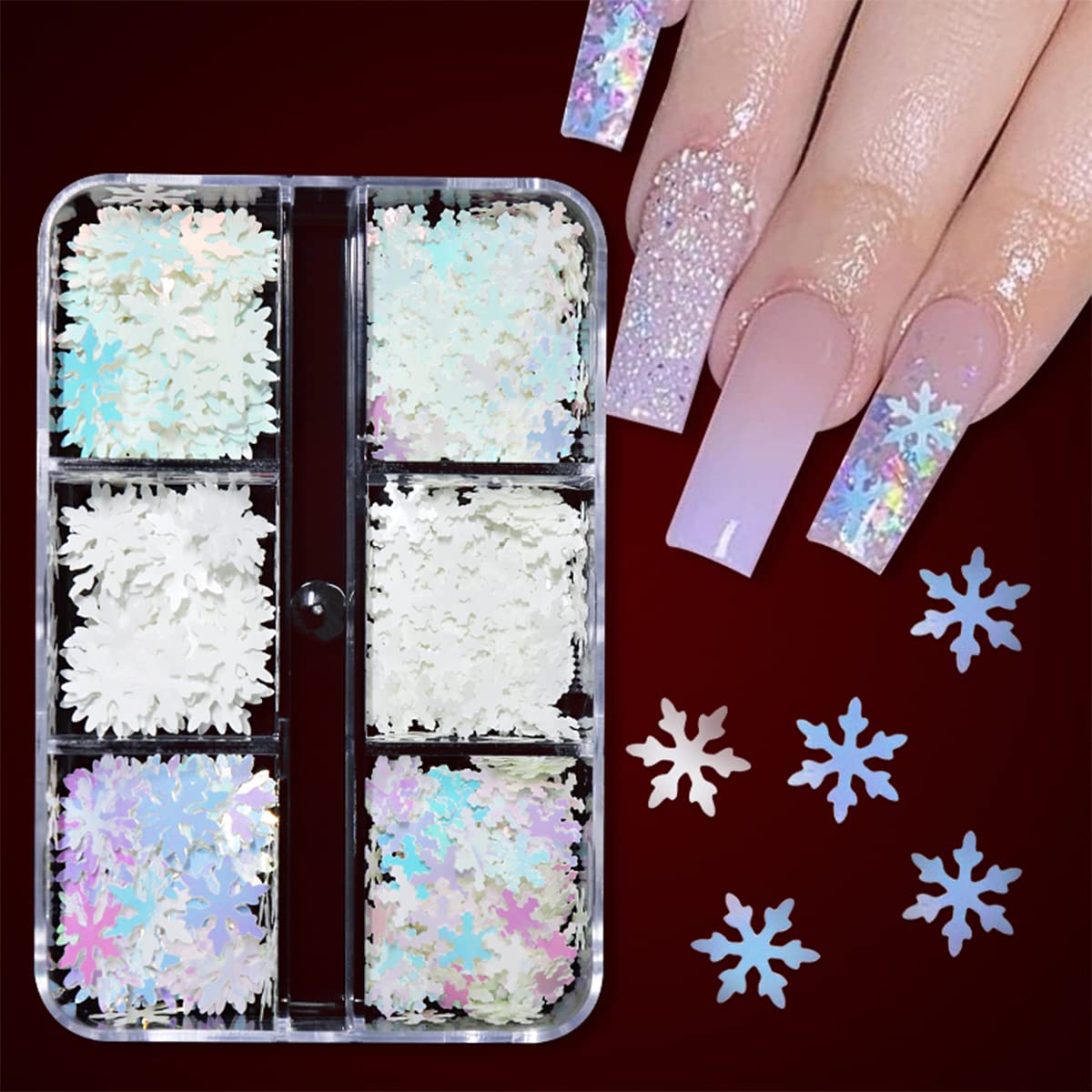3D Holographic Snowflake Nail Glitter Sequins - Christmas Nail Art Flakes for Acrylic Nails, 6 Grids Laser Nail Decals Stickers - Perfect for DIY Holiday Nail Art, Winter Party Manicures & Festive Nail Decorations