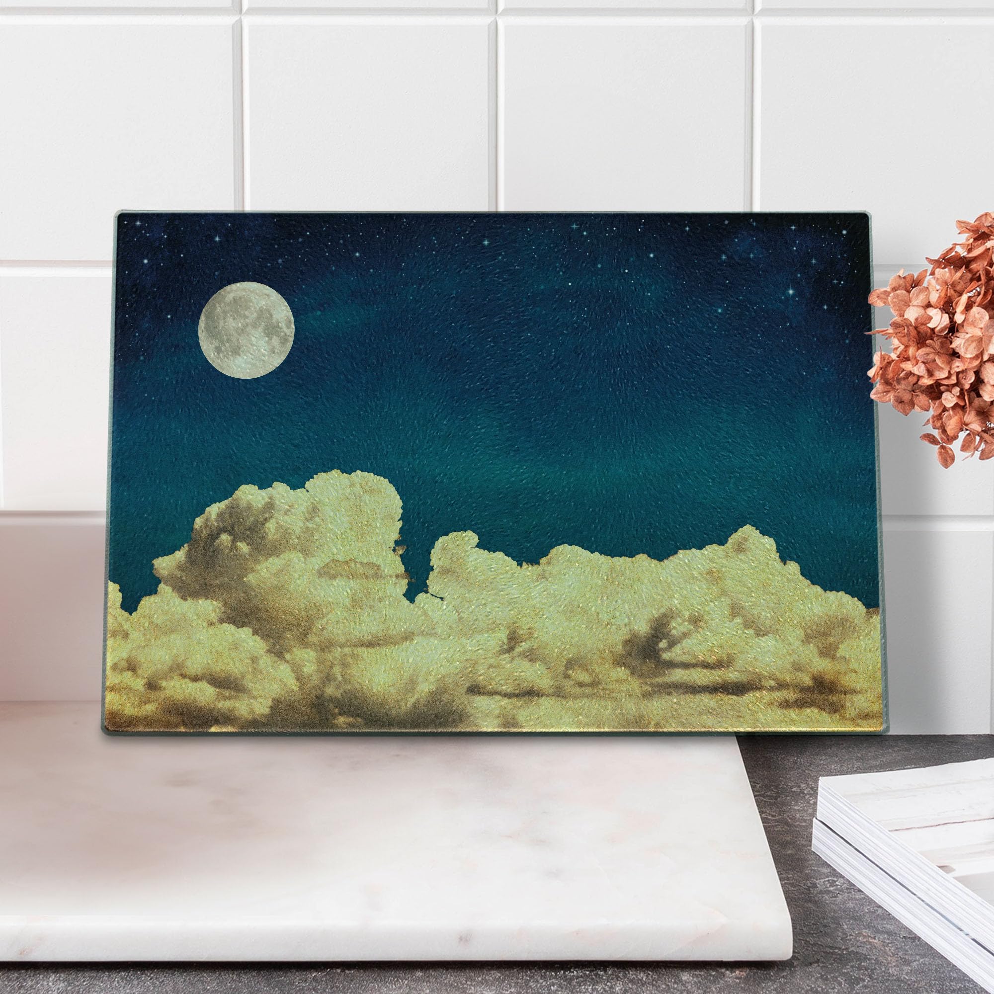 Ambesonne Vintage Night Sky Cutting Board - Fantasy Stars, Full Moon & Clouds Art - Tempered Glass Serving Board for Cheese, Charcuterie - Small Dark Blue & White Decorative Kitchen Accessory - Perfect for Gifts, Entertaining & Home Decor
