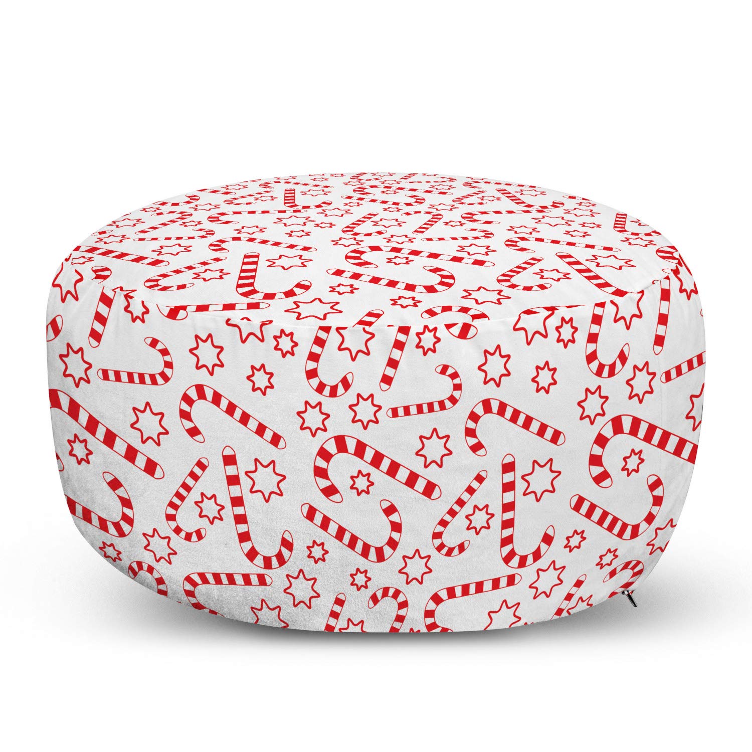 Ambesonne Christmas Candy Cane Ottoman Pouf - Holiday Themed Foot Rest with Removable Cover - Traditional Candies & Stars Design in Red & White - Perfect for Living Room, Bedroom Decor & Cozy Winter Nights