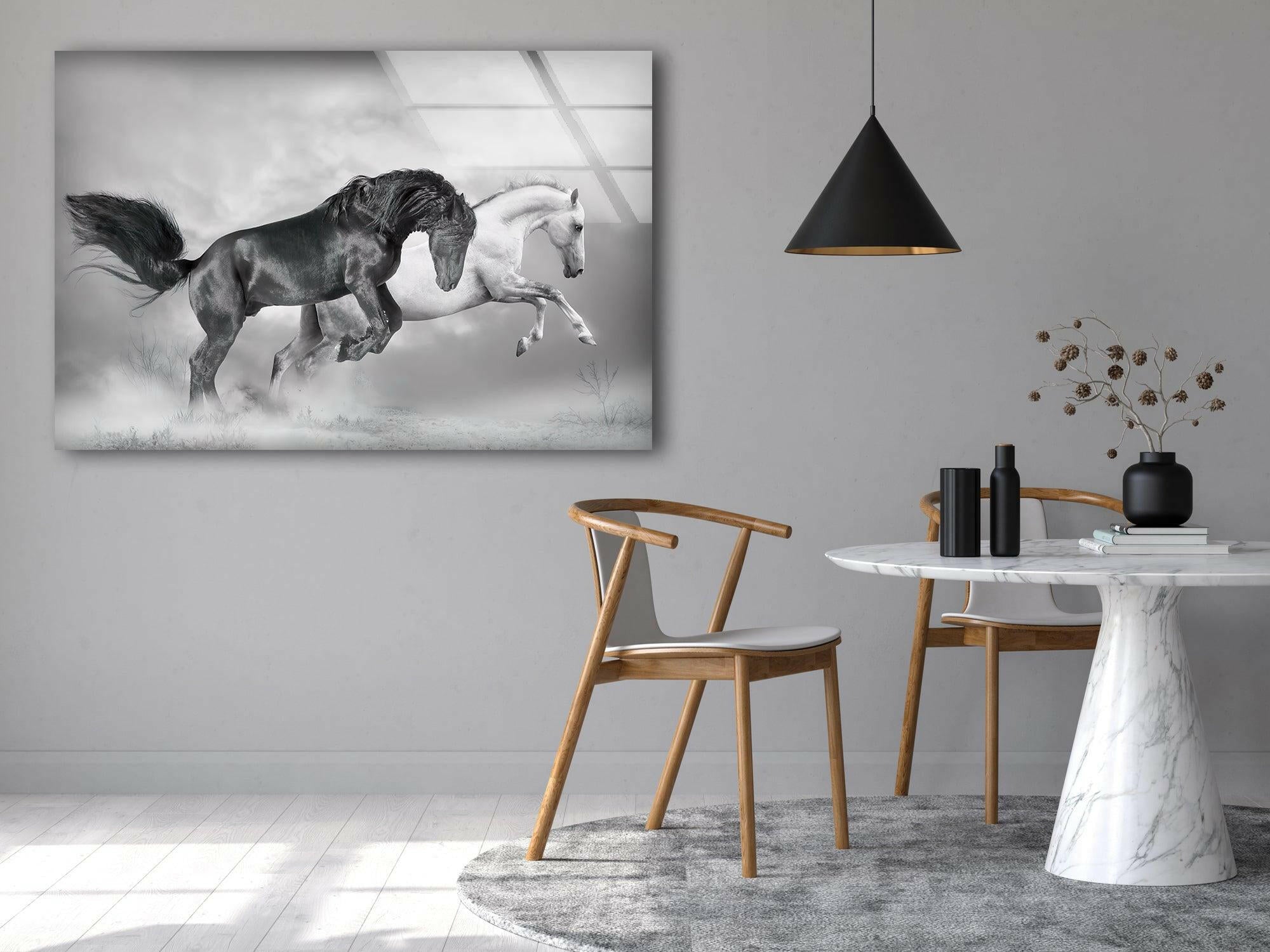 Black & White Wild Horses Running Glass Wall Art - Elegant Home Decor for Living Room, Bedroom & Office - Perfect Modern Art Gift for Horse Lovers