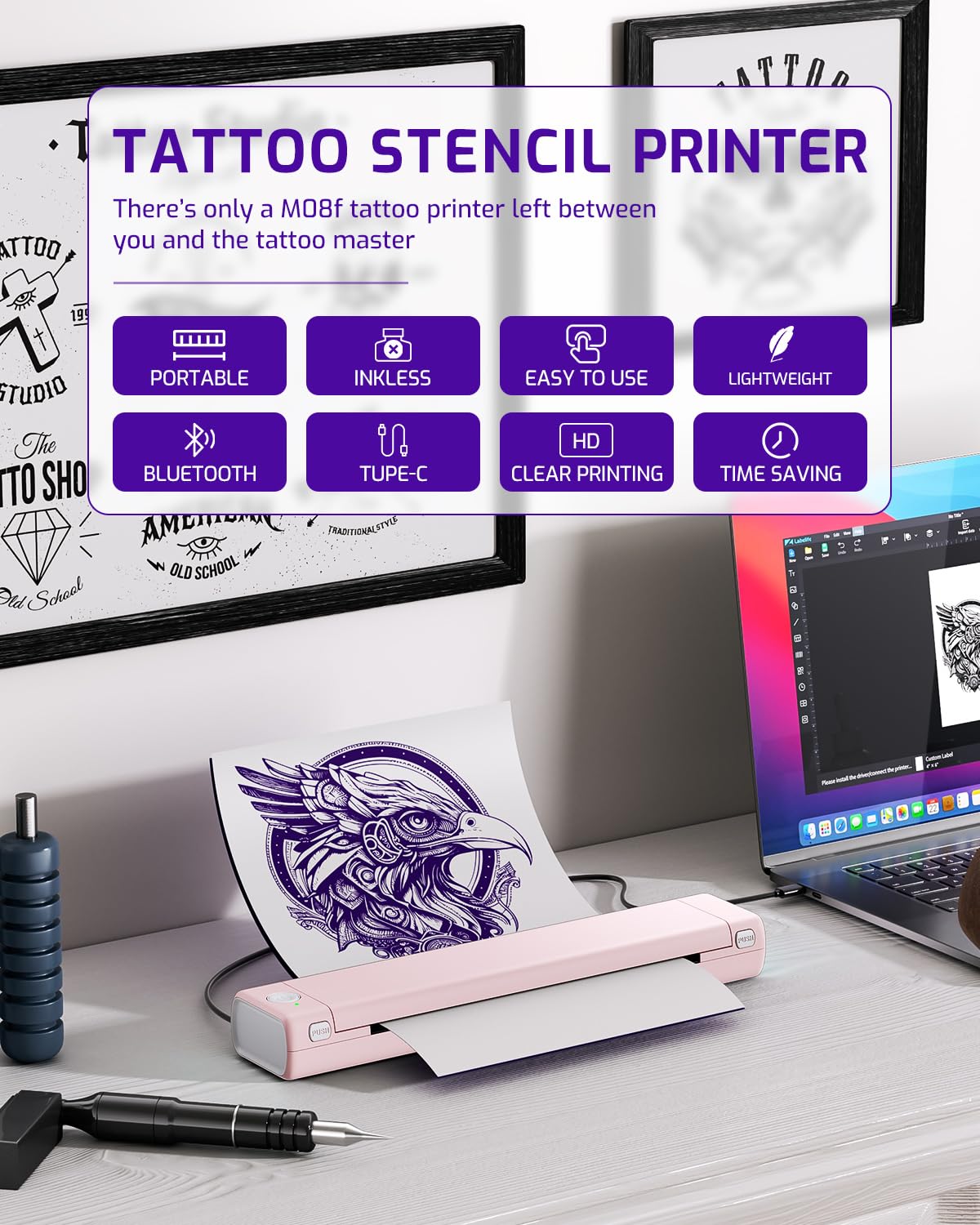 Phomemo M08F Wireless Tattoo Stencil Printer Kit - Portable Thermal Transfer Machine with 100 Sheets Tattoo Transfer Paper | Ideal for Tattoo Artists, Home Studios & Professional Tattoo Shops