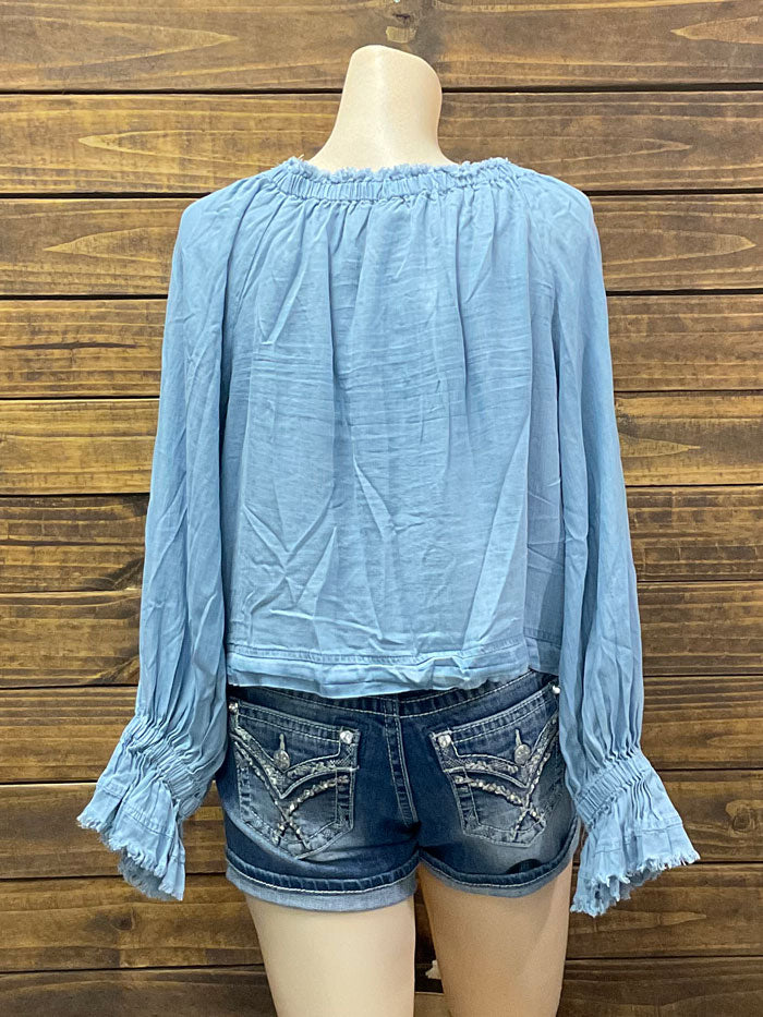 Fate FT4981 Women's Light Denim Off Shoulder Top with Frayed Edge - Casual Summer Tops for Beach, Party & Date Night
