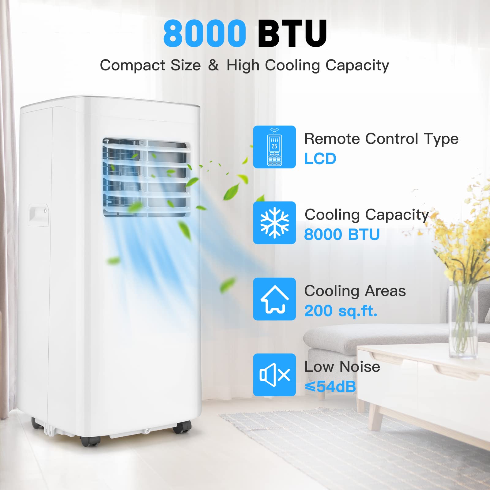8,000 BTU Portable Air Conditioner - 3-in-1 AC Unit with Cooling, Dehumidifier & Fan Modes - Cools Rooms Up to 200 Sq Ft - Includes Remote Control & 24-Hour Timer - Ideal for Bedrooms, Home Offices, Dorm Rooms and Small Spaces