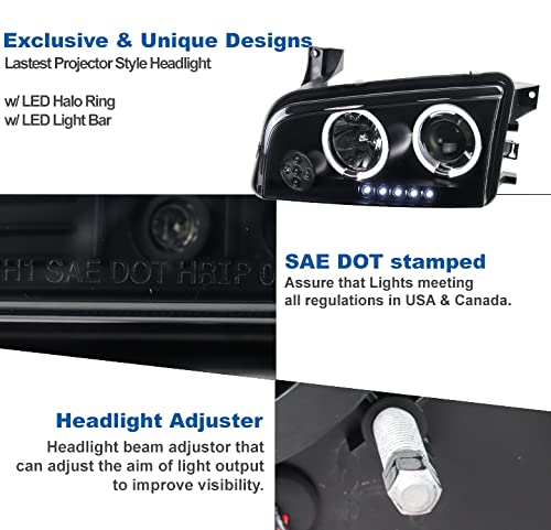LED Halo Projector Headlights - Black/Smoke - Compatible with 2006-2010 Dodge Charger | High-Performance Car Lighting for Night Driving & Custom Styling