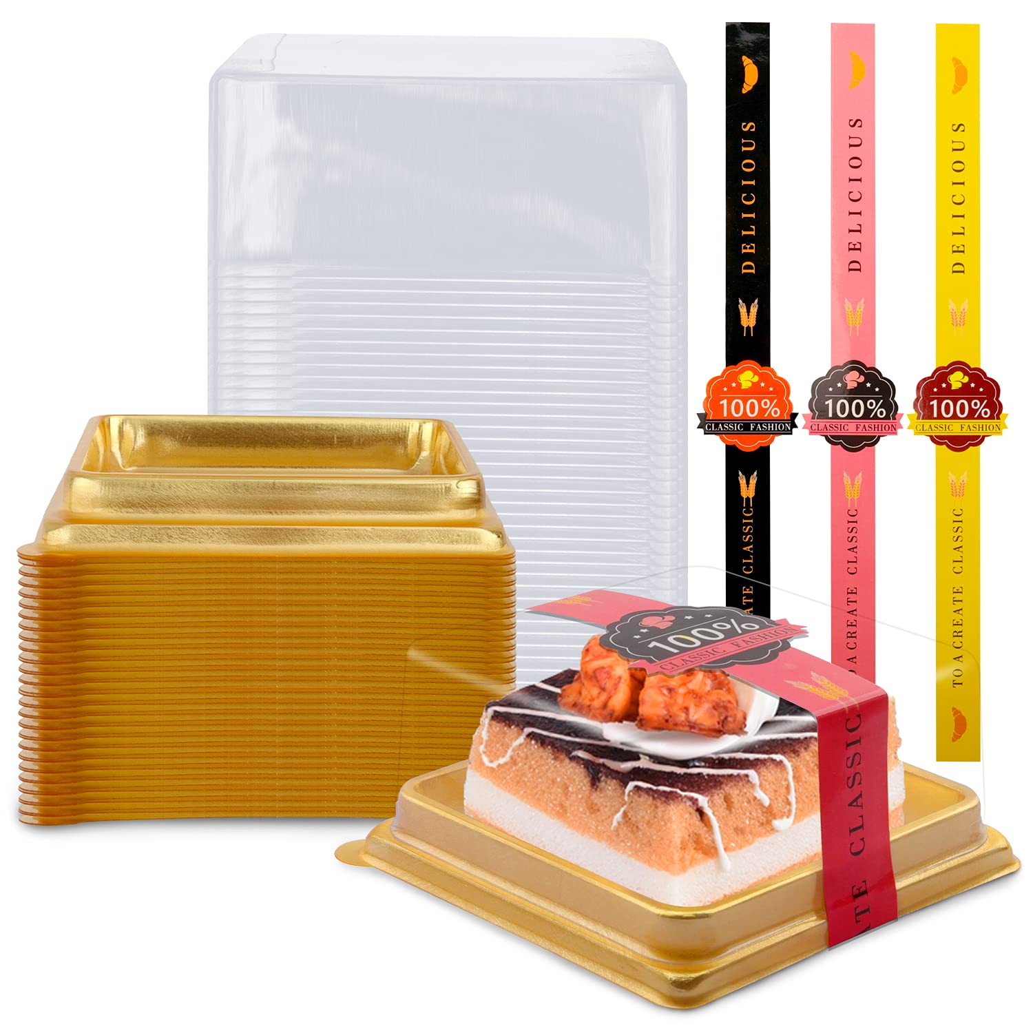 50 Pcs 3.5 Inch Clear Plastic Mini Cake Boxes - Small Cupcake & Dessert Containers for Muffins, Cookies, Mooncakes - Perfect for Weddings, Birthdays & Party Favors - Includes 50 Gold Stickers (BPA-Free Food Safe)