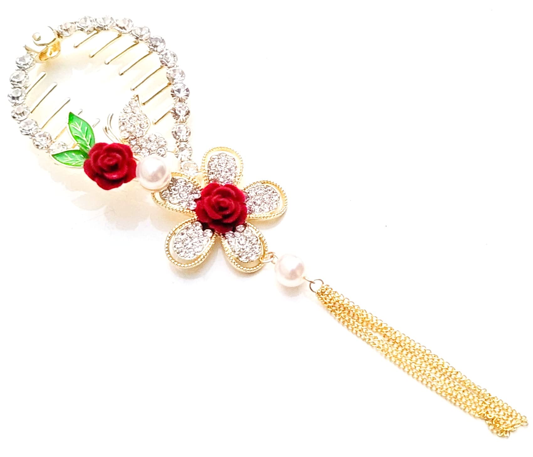 JSR Premium Stylish Hair Clips for Women & Girls - Red Flower Stone Studded Hair Accessories | Elegant Hair Clips for Women, Teens & Kids | Perfect for Weddings, Parties & Daily Use