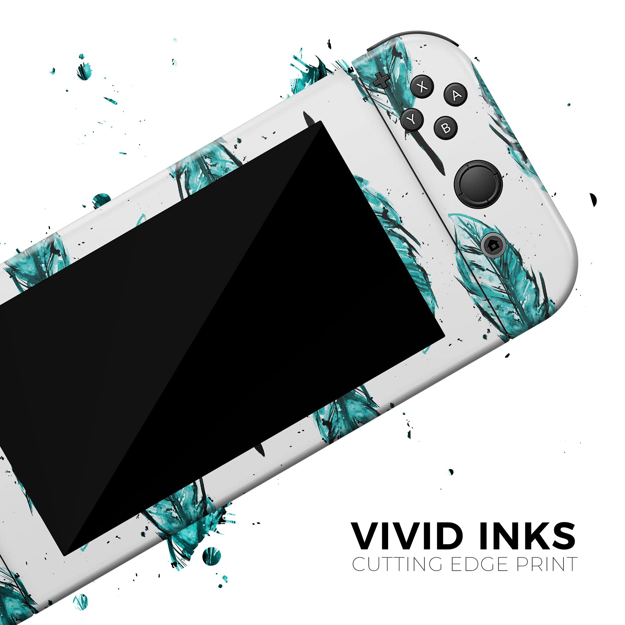 Nintendo Switch Joy-Con Skin Decal - Scratch-Resistant Removable Vinyl Wrap Cover - Splattered Teal Watercolor Feathers Design - Protective Cover for Gaming Accessories - Perfect for Switch Joy-Con Controllers Protection and Customization