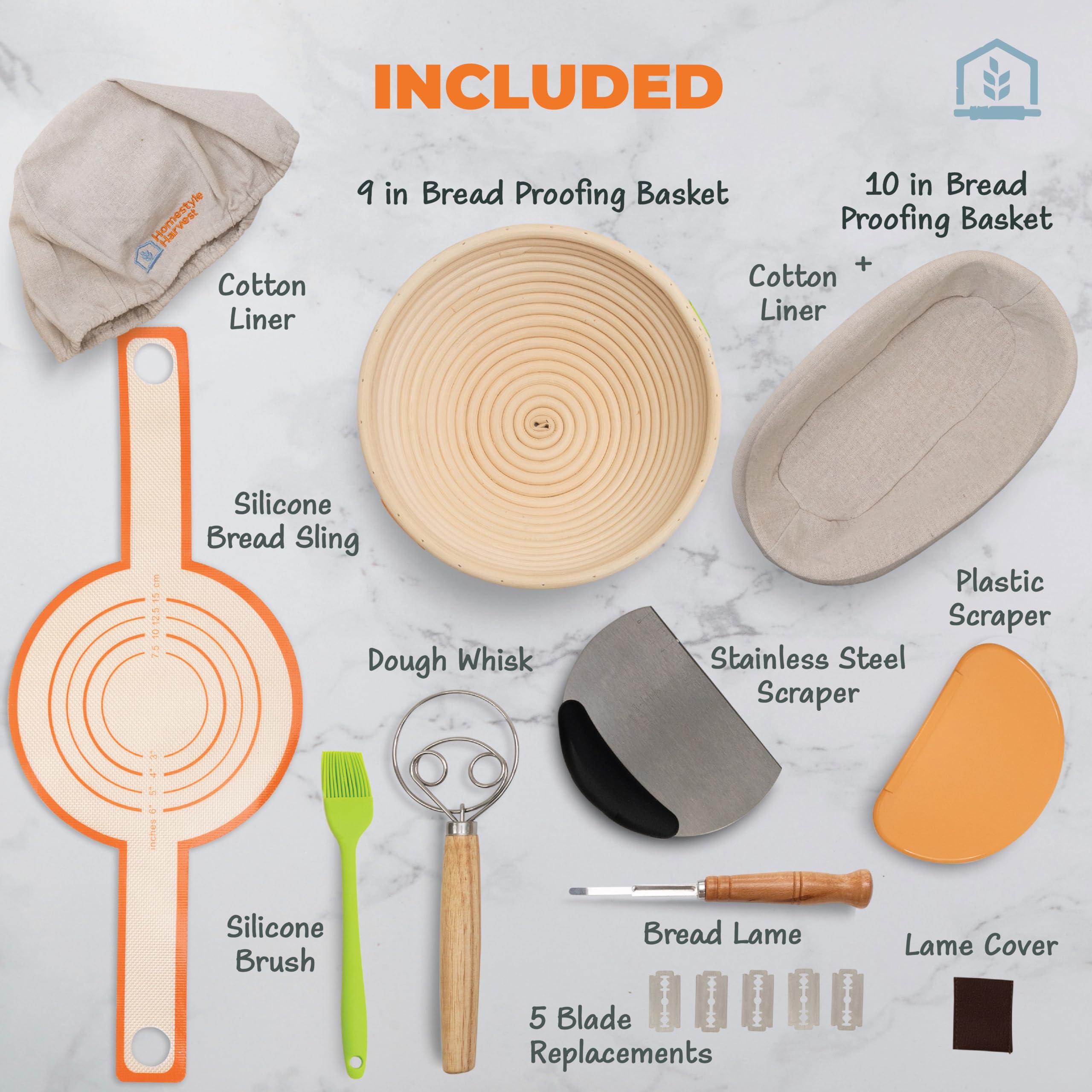 Premium Banneton Bread Proofing Basket Set - 10 Inch Oval & 9 Inch Round Sourdough Proofing Baskets with Lame, Dough Scraper, Stainless Steel Scraper, Dusting Brush & Linen Liners - Perfect for Artisan Bread Baking, Sourdough Making & Home Baking Enthusiasts
