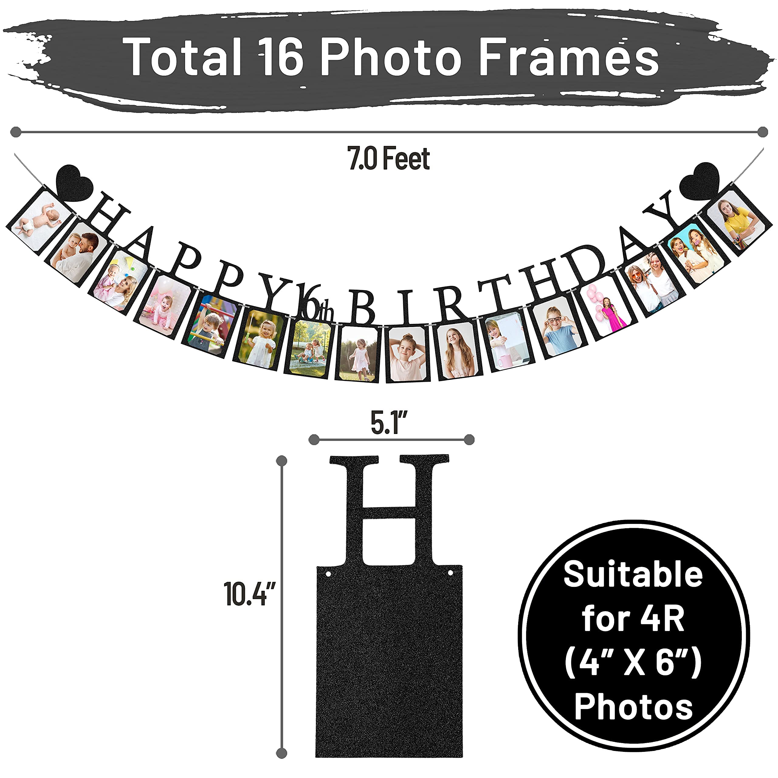 Sweet 16 Birthday Banner with Photo Frames - Black Pre-assembled Party Decorations for Girls | 16th Birthday Party Supplies with Signs | Perfect for Sweet Sixteen Celebrations, Photo Backdrops & Milestone Decor