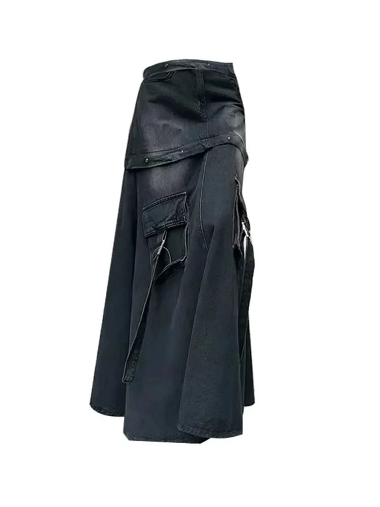 Vintage Black Denim Skirt for Women - High Waist A-Line Style with Pockets | Office Wear & Gothic Fashion | Perfect for Autumn Winter Seasons & Casual Outings