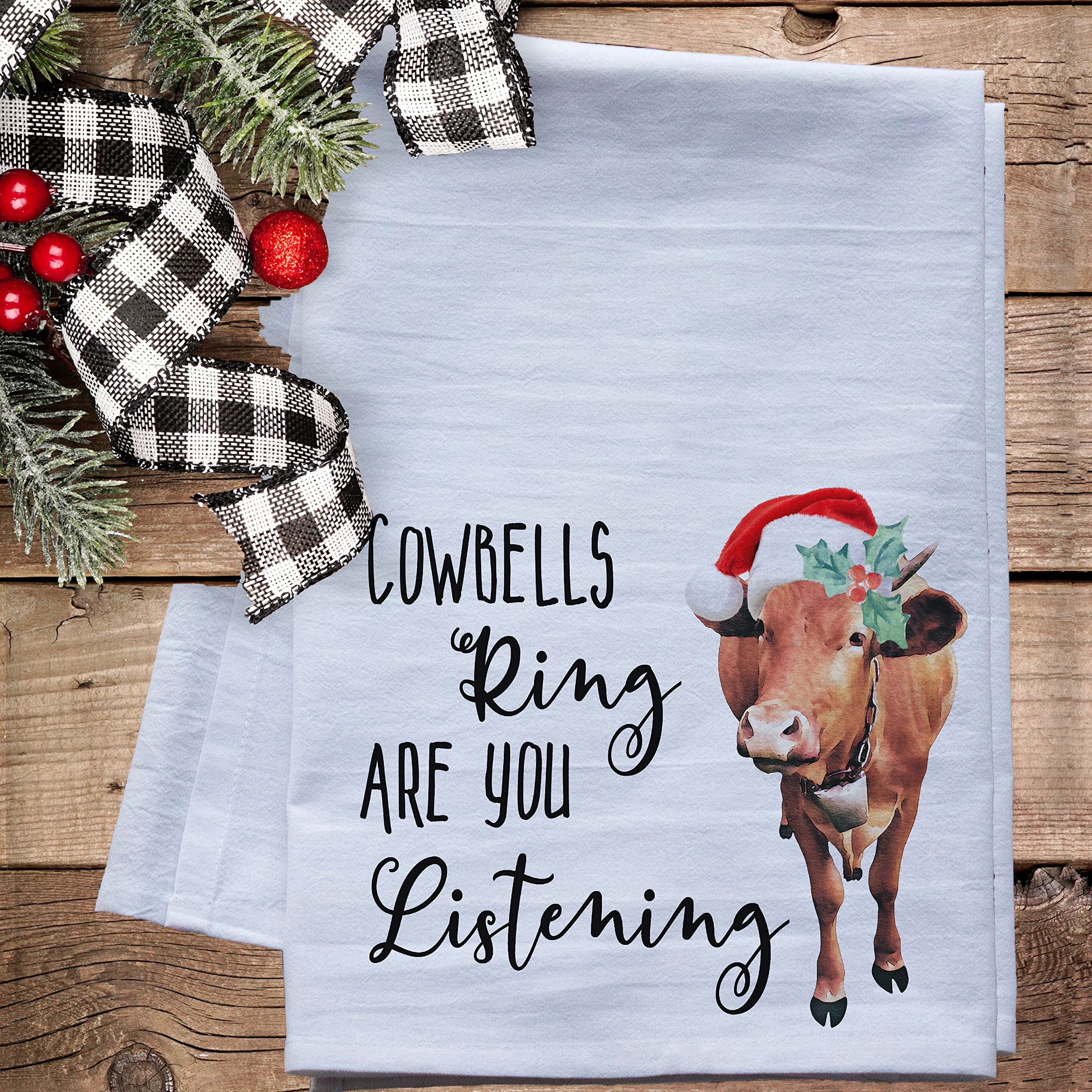 Christmas Flour Sack Dish Towels - Holiday Kitchen Tea Towels for Xmas Decor (Cowbells Ring Christmas Cow) - Perfect for Baking, Gift Wrapping & Festive Home Decor