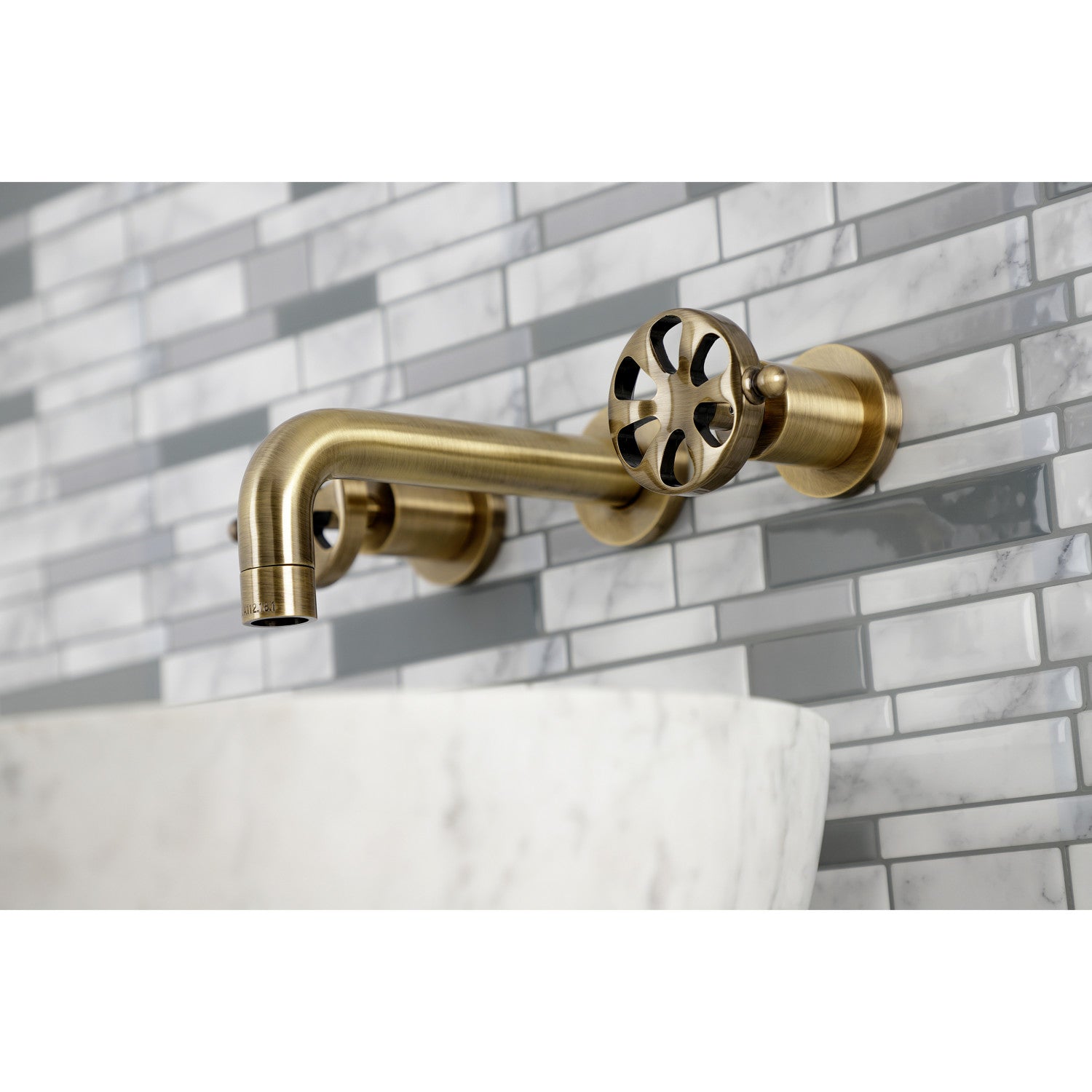 Belknap KS8123RX 3-Hole Wall Mount Bathroom Faucet with Double Handles in Antique Brass - Perfect for Vintage Style Bathrooms and Powder Rooms
