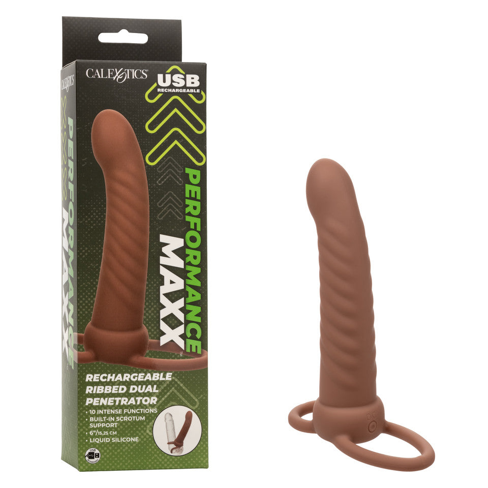 Rechargeable Ribbed Dual Penetrator Dildo - 15cm Brown | Performance Maxx™ Technology | Perfect for Solo Play & Couples Intimacy