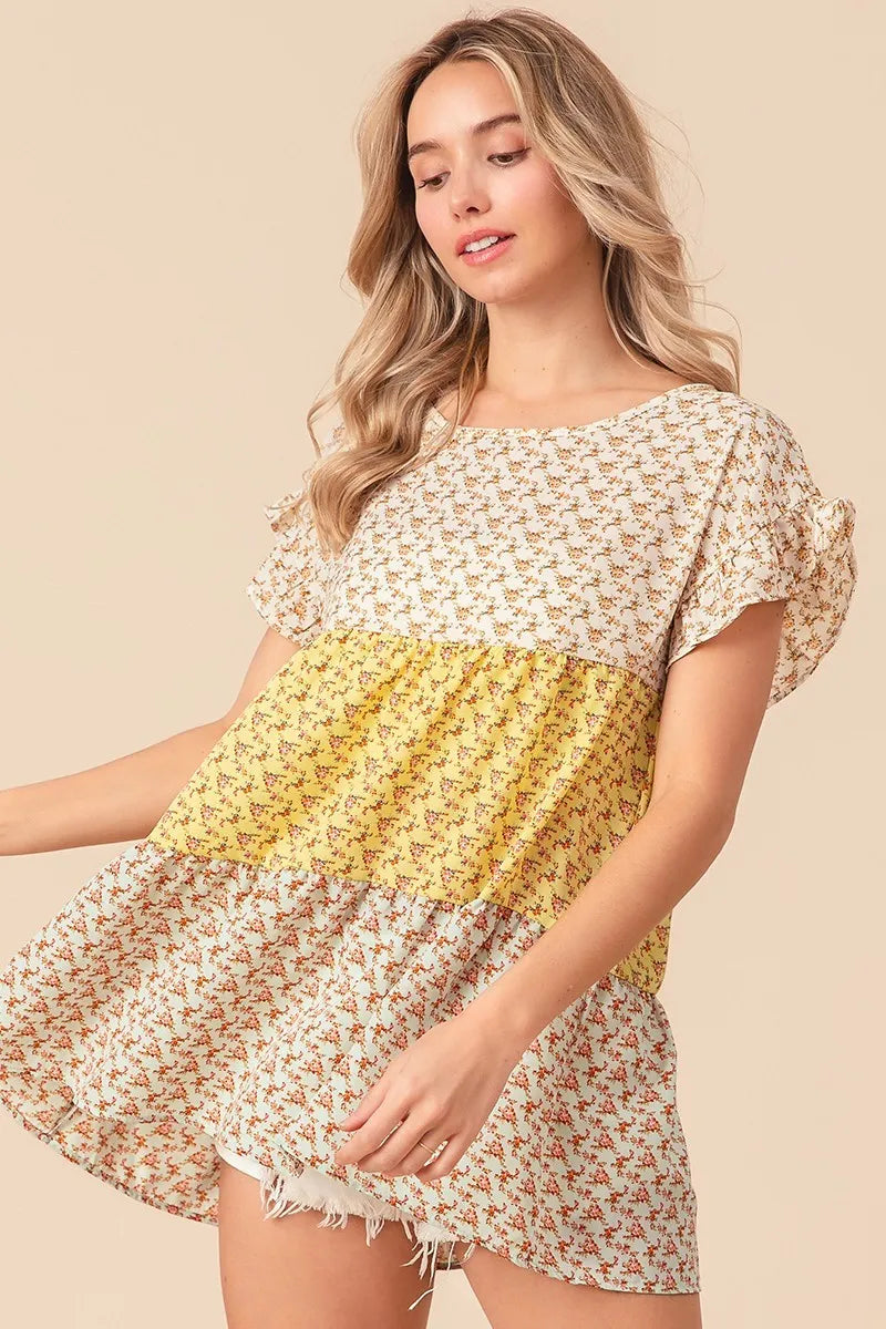 BiBi Floral Printed Woven Color Block Tiered Blouse - Women's Fashion Boho Chic Tunic Top for Casual Wear, Summer Outfits & Beach Vacations