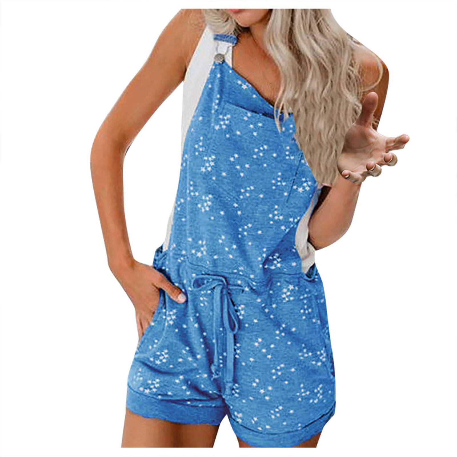 Fashionable Women's Plus Size Sleeveless Printed Jumpsuit - Casual Romper with Pocket Straps in Cyan | Perfect for Summer Outfits, Beach Vacations & Casual Wear