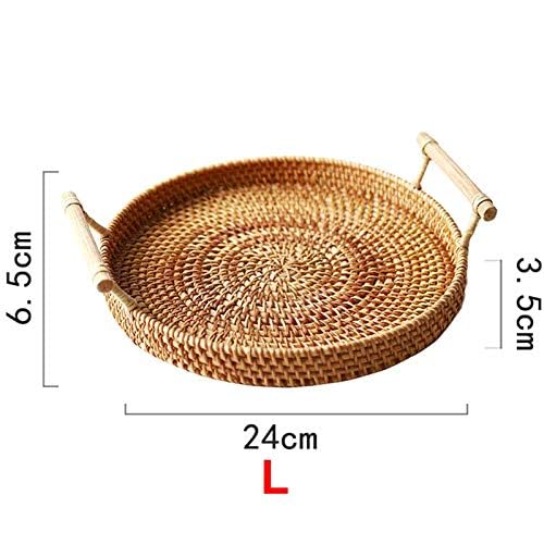 Hand-Woven Rattan Storage Basket with Handle - Round Wicker Tray for Bread, Fruits & Food Display - Perfect for Kitchen Countertop, Dining Table & Breakfast Serving