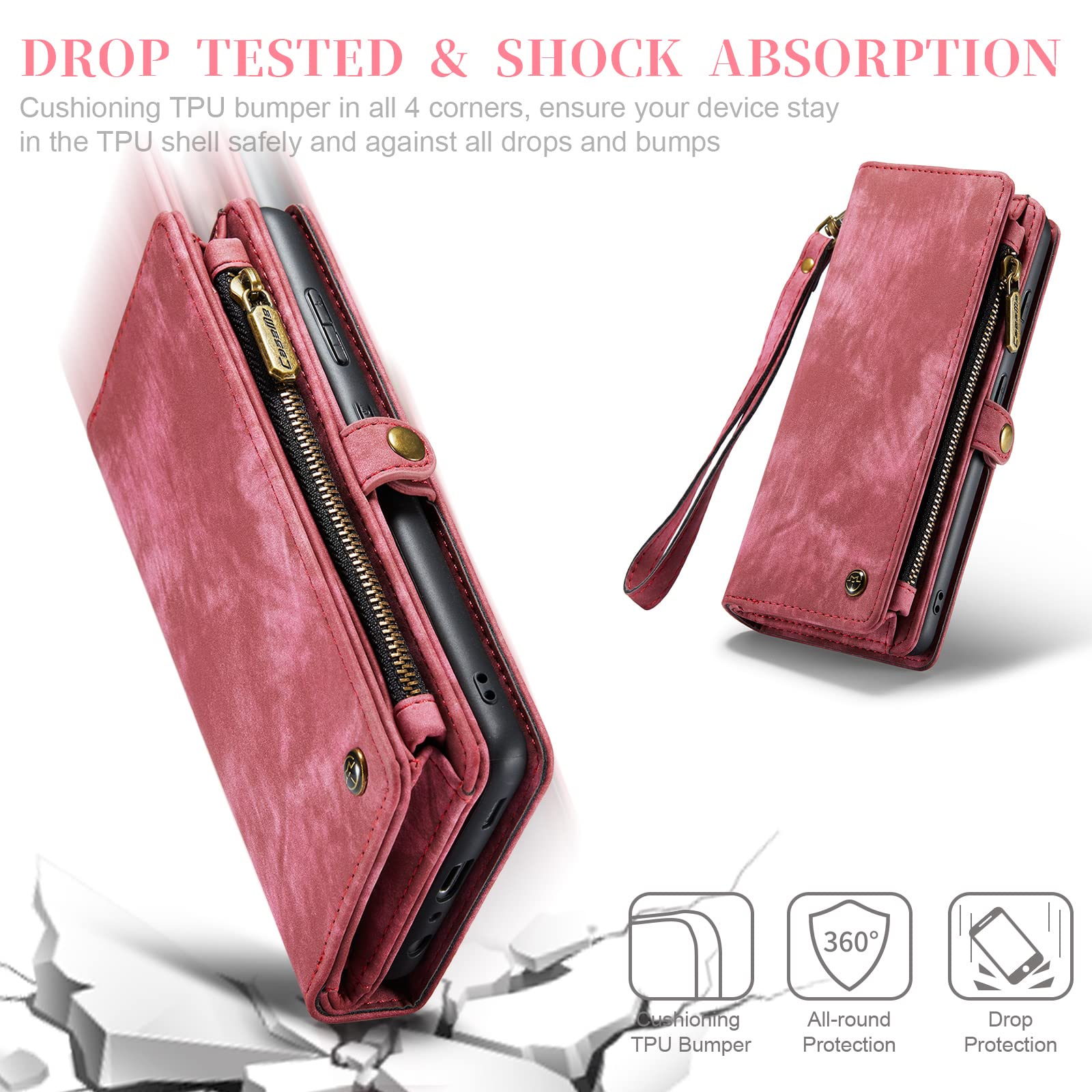 Genuine Leather Magnetic Wallet Case for Samsung Galaxy A52 4G/5G (2021) - Detachable Cover with RFID Blocking, Card Slots & Zipper Purse - Perfect for Business, Travel & Daily Protection (Red)