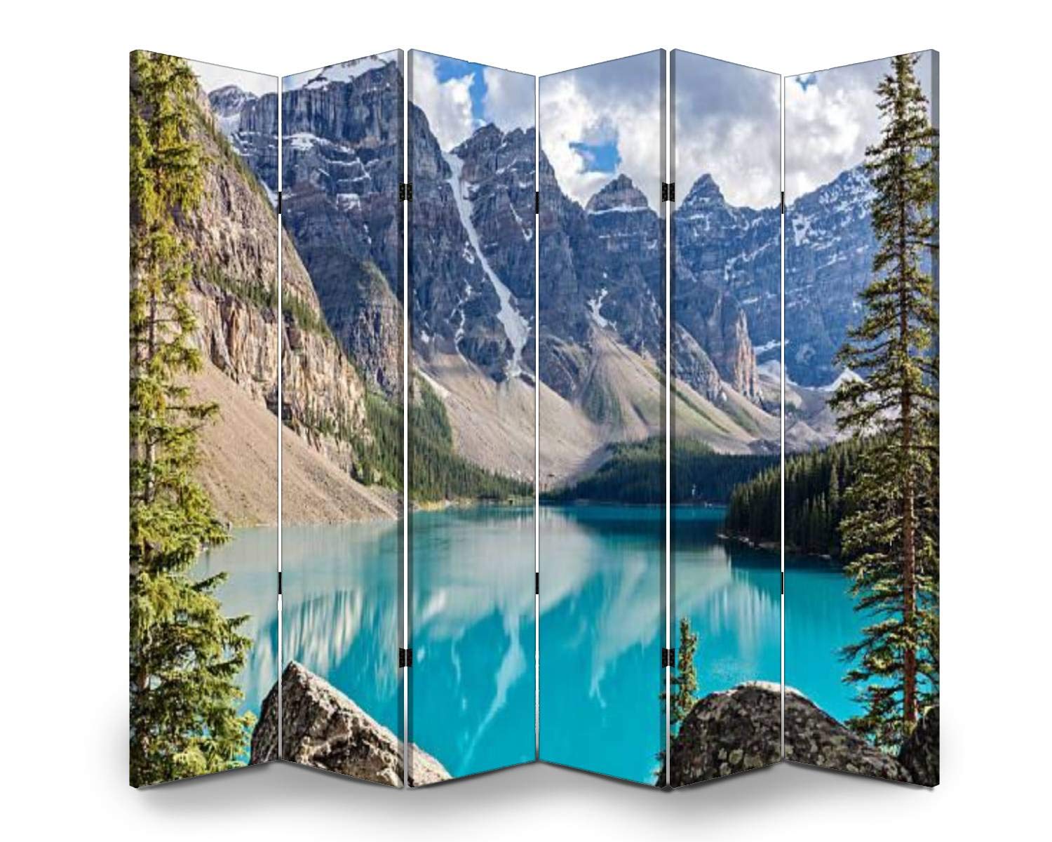 APED DECOR 6-Panel Wooden Room Divider with Moraine Lake Rocky Mountains Print - Dual-Sided Folding Privacy Screen, Canvas Partition Panels for Home Office, Bedroom & Indoor Decor