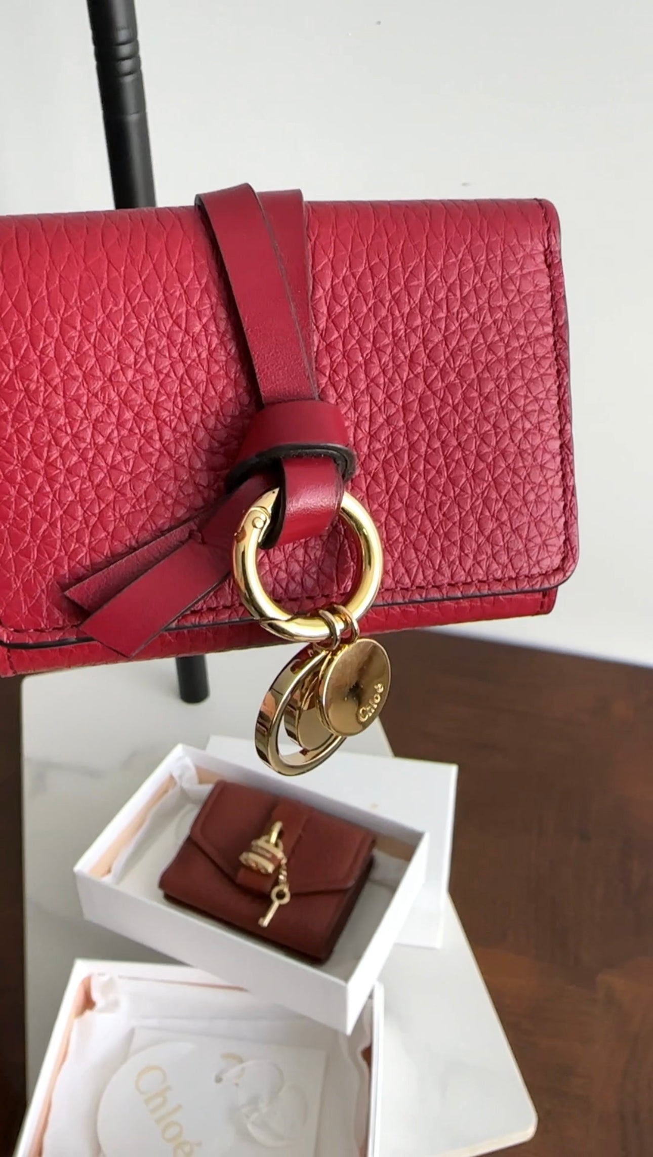 Chloe Red Leather Small Alphabet Trifold Wallet for Women - Compact RFID Blocking Credit Card Holder - Perfect for Everyday Use, Travel & Gift Giving
