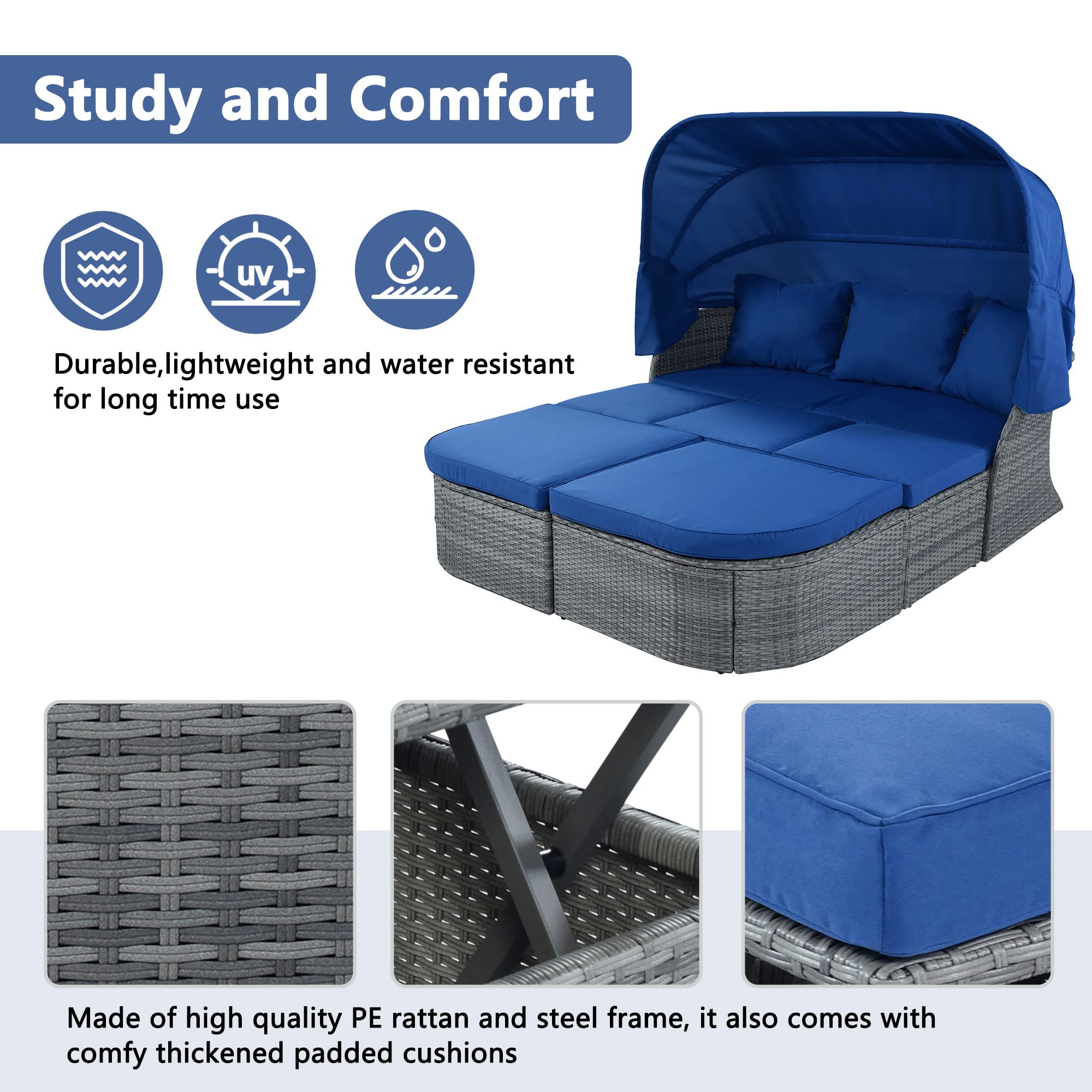 Amposei Outdoor Patio Furniture Set - Blue Rattan Wicker Sunbed Sectional with Canopy for Porch, Balcony, Backyard | Perfect for Lounging, Sunbathing & Relaxing in Your Outdoor Space