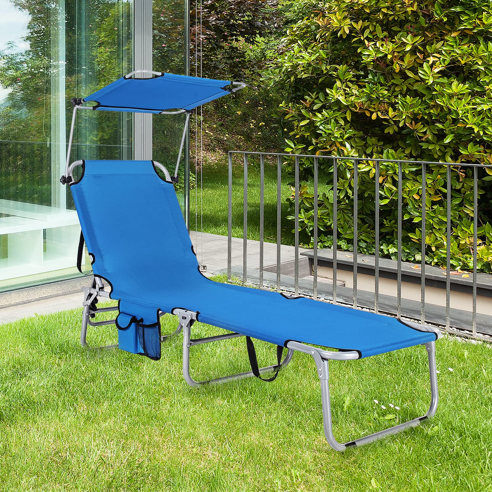 Tangkula 5-Position Folding Reclining Beach Chair with 360° Adjustable Canopy & Side Storage Pocket - Portable Outdoor Lounge Chair for Beach, Pool, Patio, Backyard, Camping & Sunbathing (Navy Blue, 2 Pack)