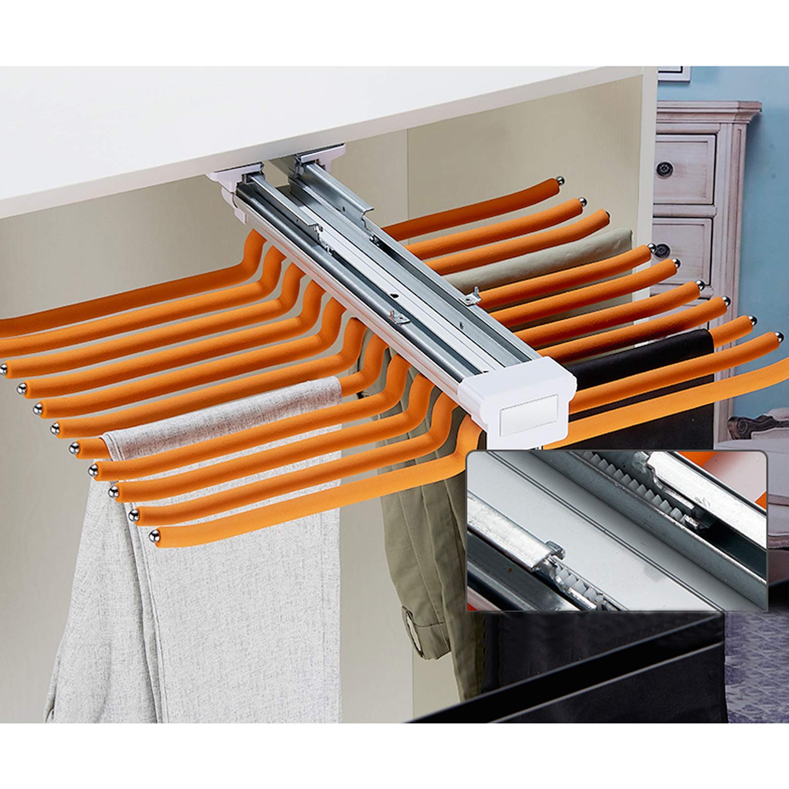 Extendable Pull Out Closet Pants Hanger Bar - Space Saving Clothes Organizer for Pants, Scarves & Accessories - Push-Pull 22 Rods Storage Rack (Orange) - Perfect for Small Closets, Wardrobe Organization & Home Storage Solutions