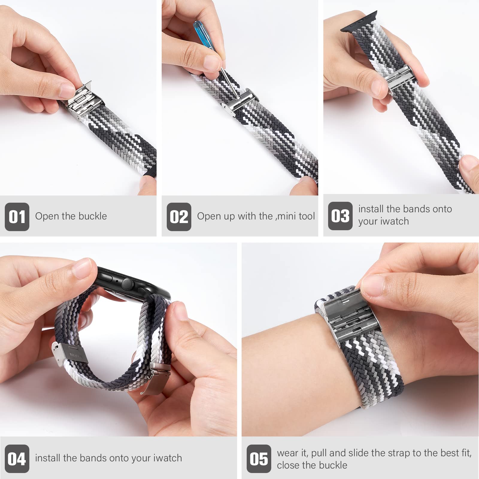 Braided Nylon Apple Watch Bands for Series 9/8/7/6/5/4/3/2/SE/Ultra/Ultra 2 - Adjustable, Breathable Replacement Strap for 38mm/40mm/41mm/42mm/44mm/45mm/49mm - Perfect for Workouts, Running & Everyday Wear