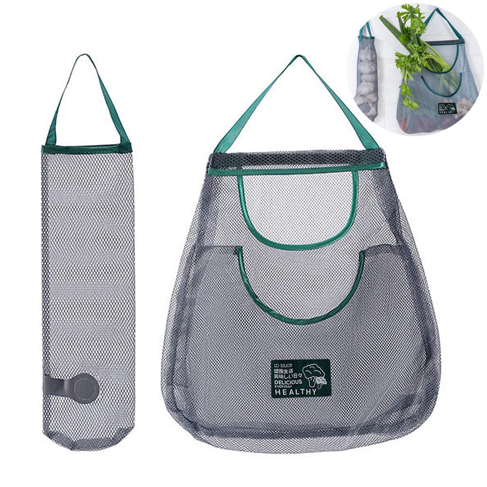 2 Pack Reusable Mesh Produce Bags - Large Durable Hanging Storage Bags with Dual Pockets for Fruits, Vegetables, Onions & Garlic - Breathable Eco-Friendly Grocery Shopping Bags for Kitchen, Pantry & Farmers Market Use