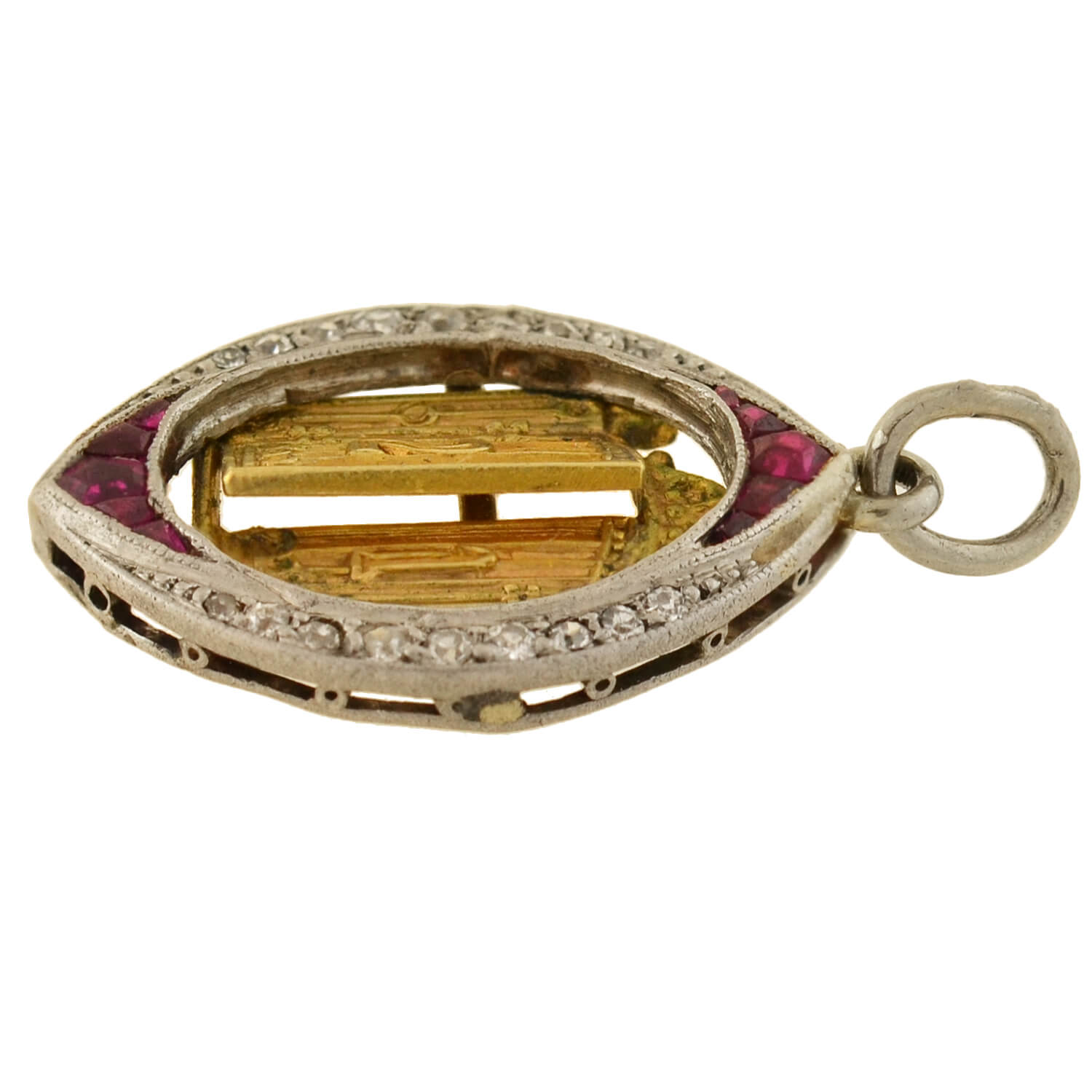 Edwardian Platinum & 14K Gold Ruby Diamond 21 Golden Door Charm Pendant Necklace - Vintage Jewelry Gift for Women, Bridal Party, Anniversary & Special Occasions