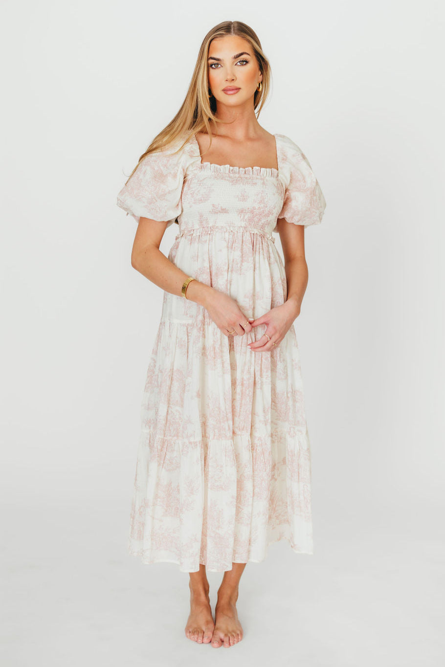 Elena 100% Cotton Toile Print Smocked Midi Dress - Bump Friendly Maternity Dress in Pink | Perfect for Baby Showers, Summer Weddings & Casual Outings *PRE ORDER*
