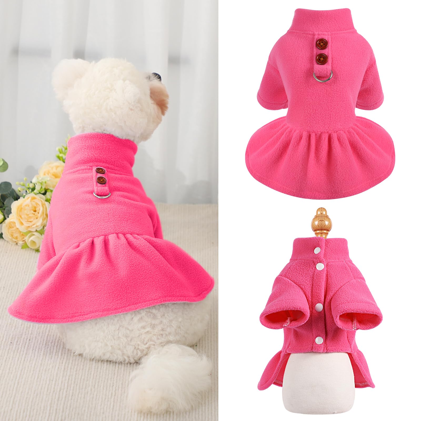 Warm Fleece Dog Dress with Adjustable Harness - Cozy Winter Dog Clothes for Small Dogs, Cute Princess Pet Outfits for Chihuahua, Yorkie & Cats - Perfect for Birthday Parties & Cold Weather Outings