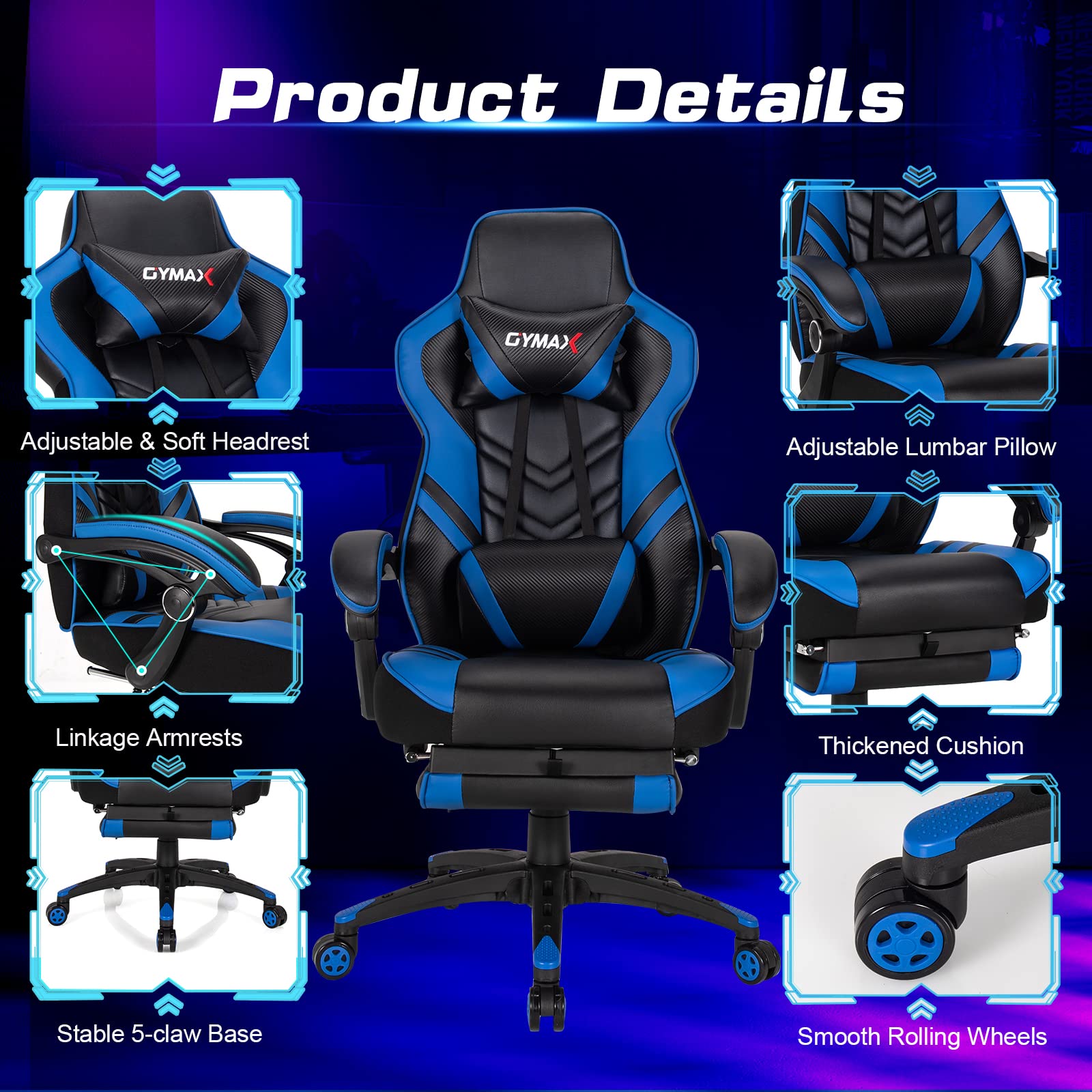 Ergonomic Blue Gaming Chair for Adults & Teens - High Back Racing Style Computer Desk Chair with Reclining, Retractable Footrest, Lumbar Support & Headrest - Perfect for Esports, Streaming & Home Office Setup