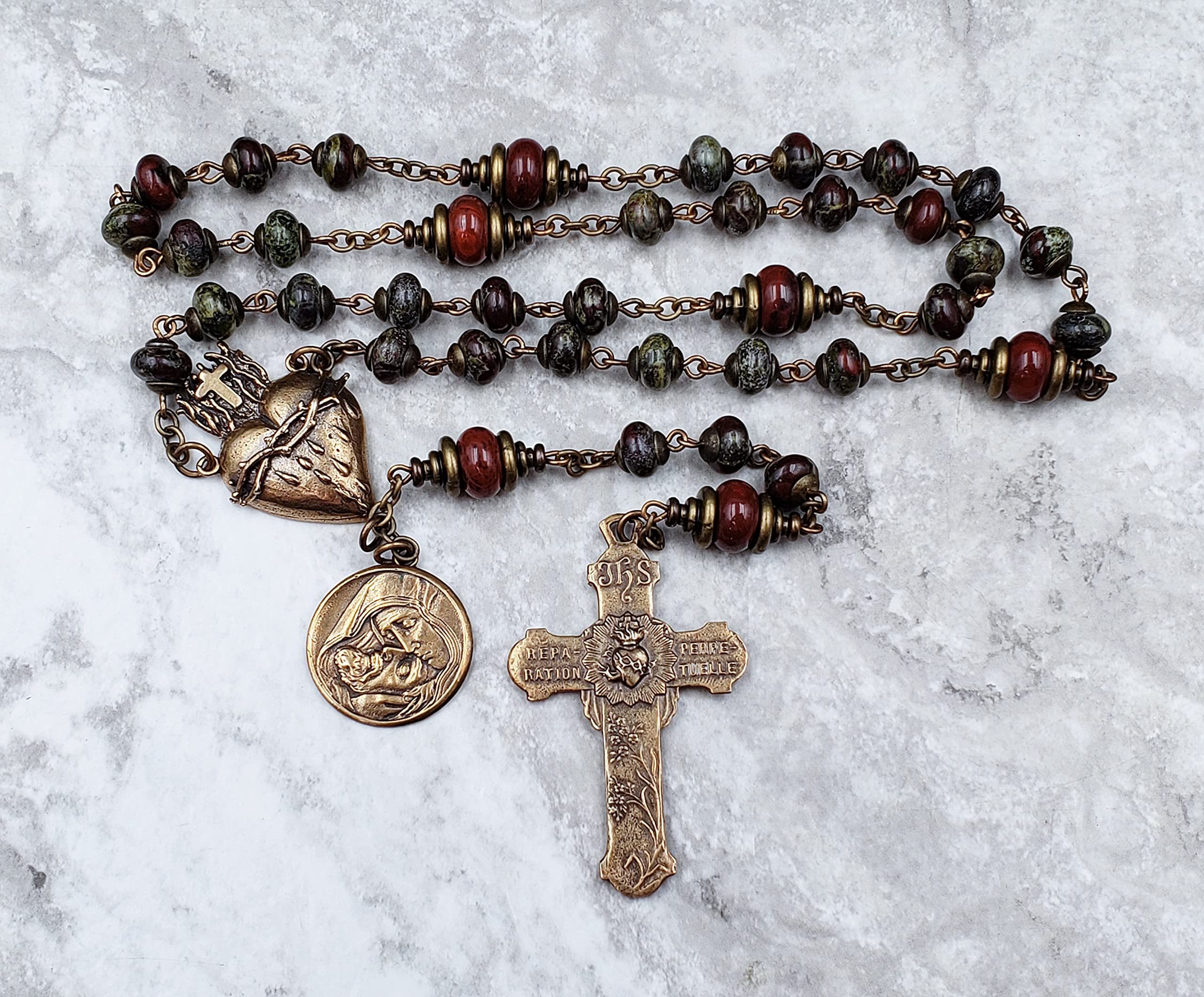 Holy Face of Jesus Devotional Sacred Bleeding Heart Chaplet - Bronze & Bloodstone Red Jasper Rosary for Protection, Stress Relief - Perfect for Prayer, Meditation & Spiritual Healing