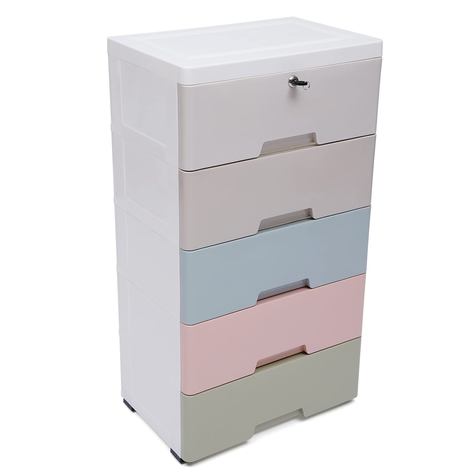 5-Drawer Stackable Plastic Storage Dresser with Wheels - 17.72 x 11.81 x 33.07 Inch Vertical Organizer Cabinet for Kids Clothes, Baby Nursery & Bedroom Furniture - Perfect for Small Space Organization & Toy Storage