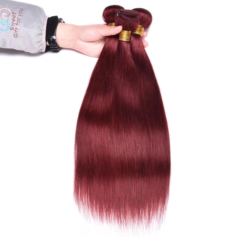 FEEL ME Brazilian Virgin Hair 3 Bundles - Unprocessed Straight Human Hair Extensions (Color 33 Red, 300g Total, 14 16 18 Inches) for Stunning Length & Volume - Perfect for Daily Wear, Parties & Special Occasions